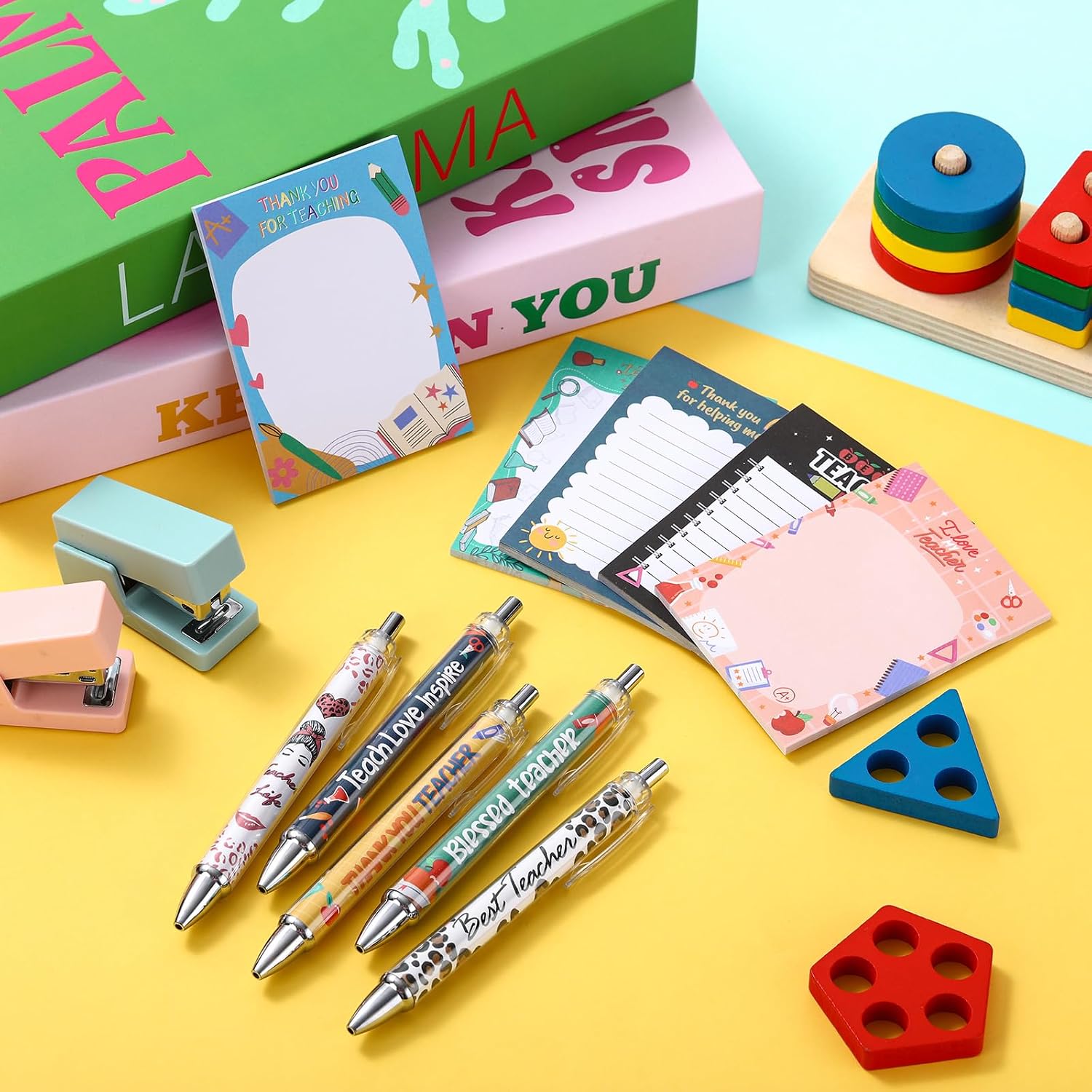 Sayglossy 60 Pcs Teacher Appreciation Gifts Bulk Notepads and Ballpoint Pens Thank You Teachers Gifts Set 30 Notepads Sticky Notes with 30 Pens to Do List Memo Pads Pen for Women(Lovely)