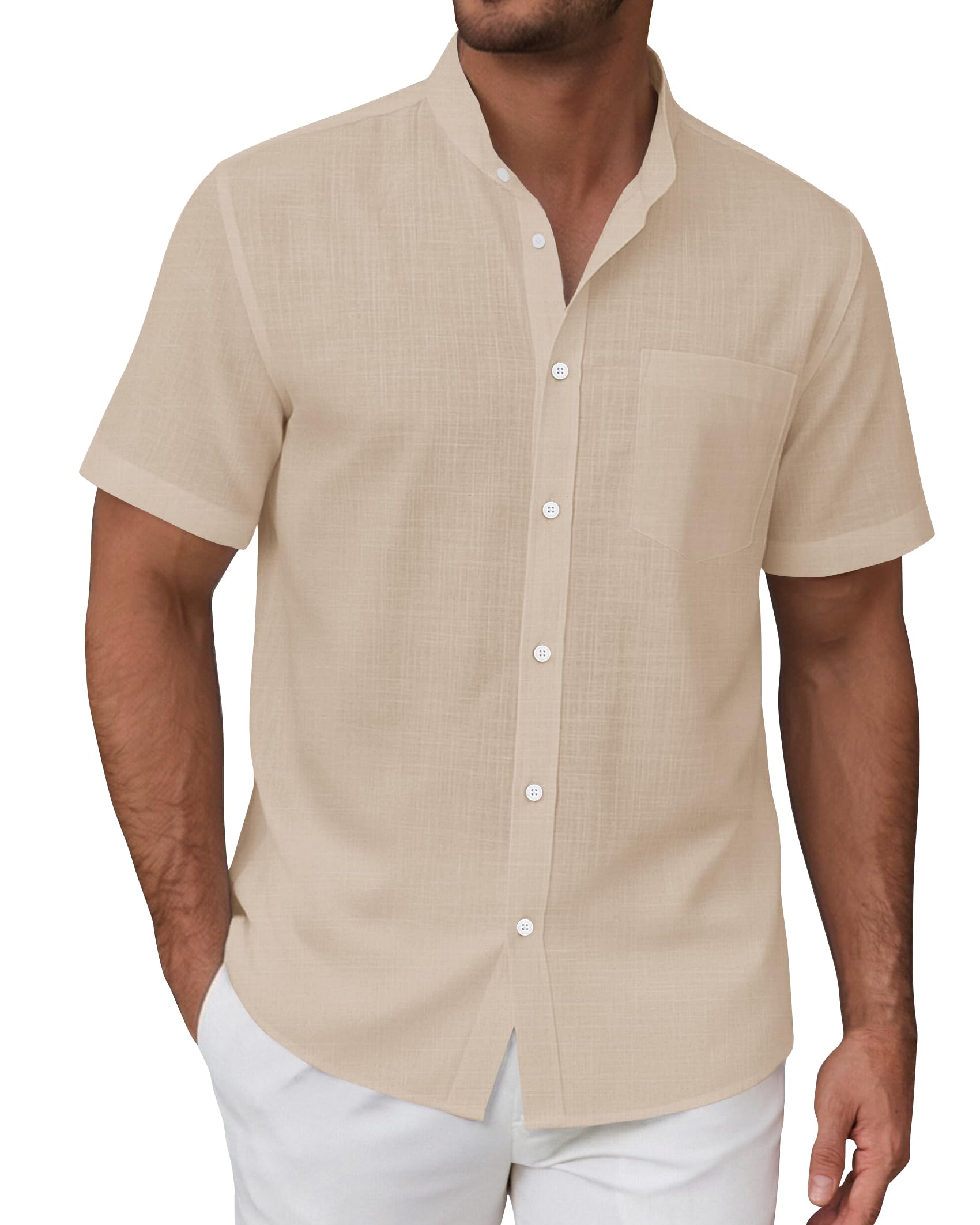 siliteelon Leinenhemd Herren Kurzarm Stehkragen Sommerhemd Freizeithemd Regular Fit Kragenloses Leinenshirt Standhemd