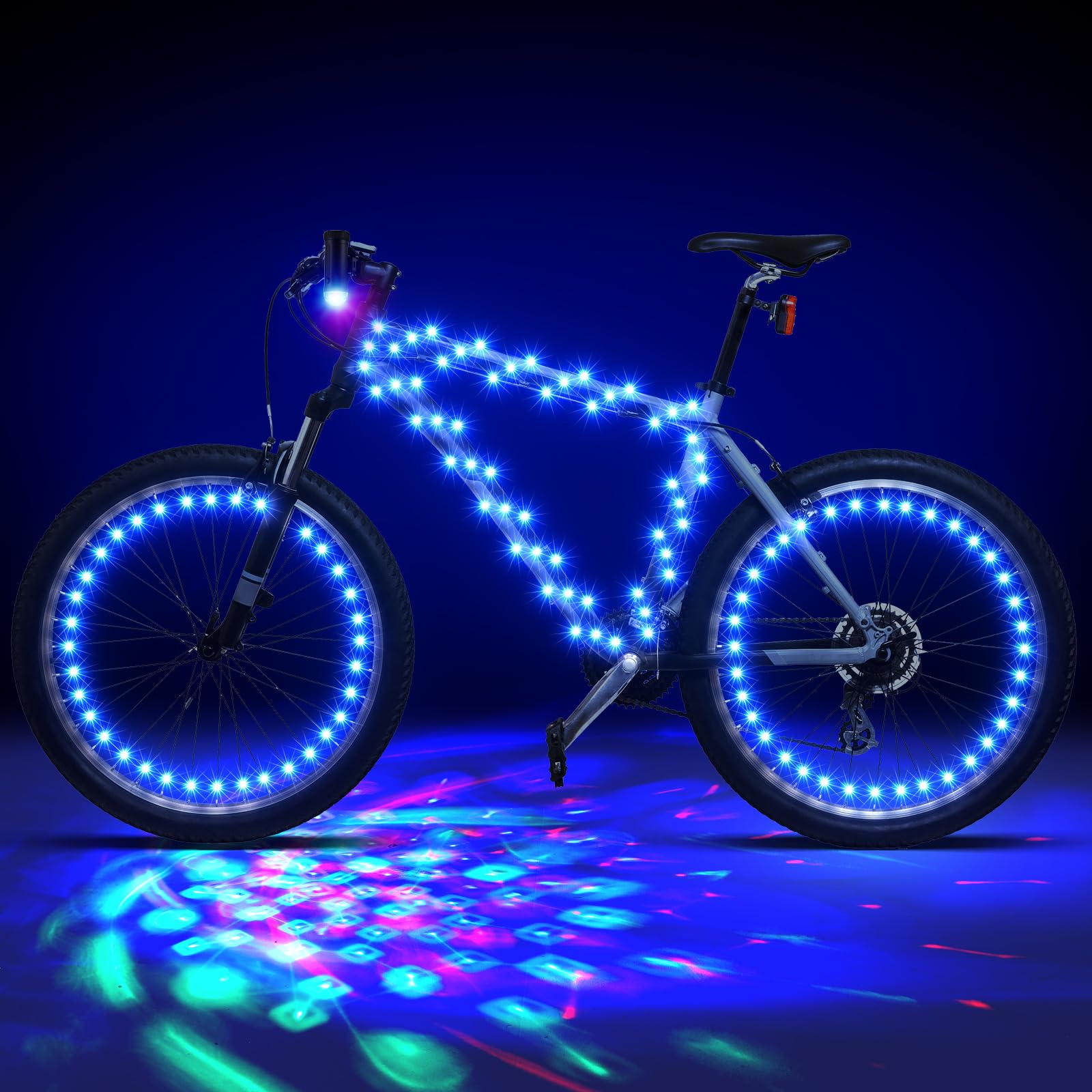 VIHOSE Lot de 4 lumières LED pour vélo disco avec 2 roues de vélo, 1 cadre lumineux à DEL et 1 phare avec piles pour vélo, discothèque, cadeaux de fête, équitation de nuit, étanche (bleu)