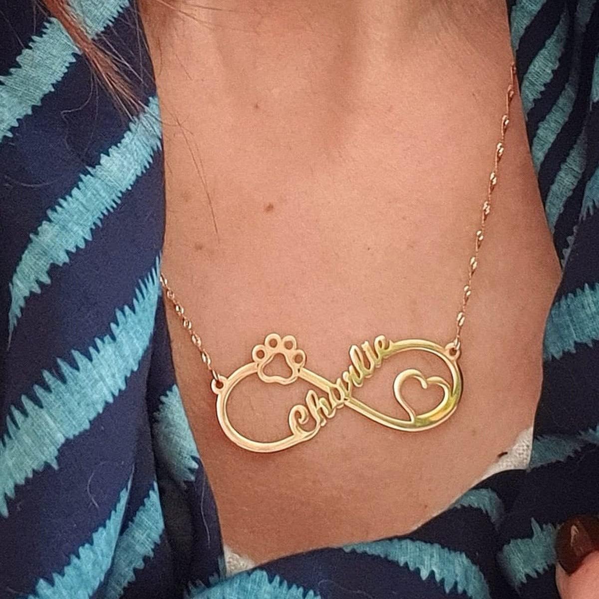 Personalized 925 Sterling Silver Dog Paw Infinity Necklace Custom Made with Any Name