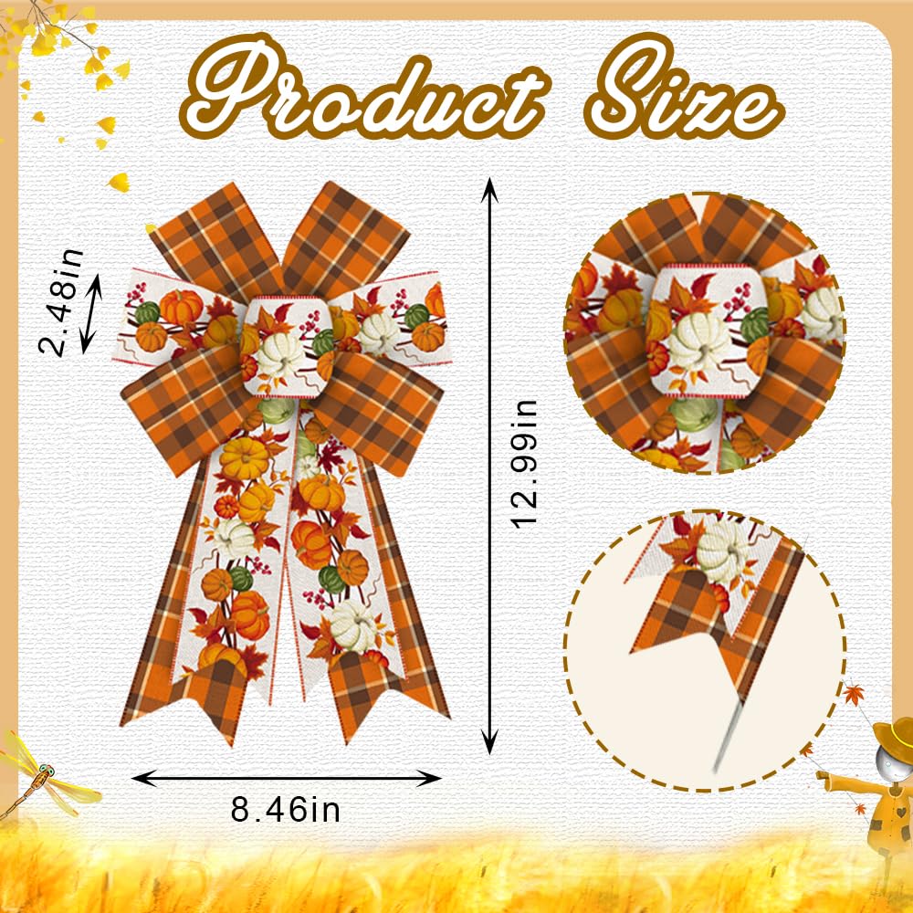 Hying 2PCS Fall Bow for Wreath, Plaid Pumpkin Harvest Wreath Bow for Front Door, Thanksgiving Wreath Bows for Fall Harvest Party Decor Indoor Wall Autumn Thanksgiving Decoration Supplies Ornament