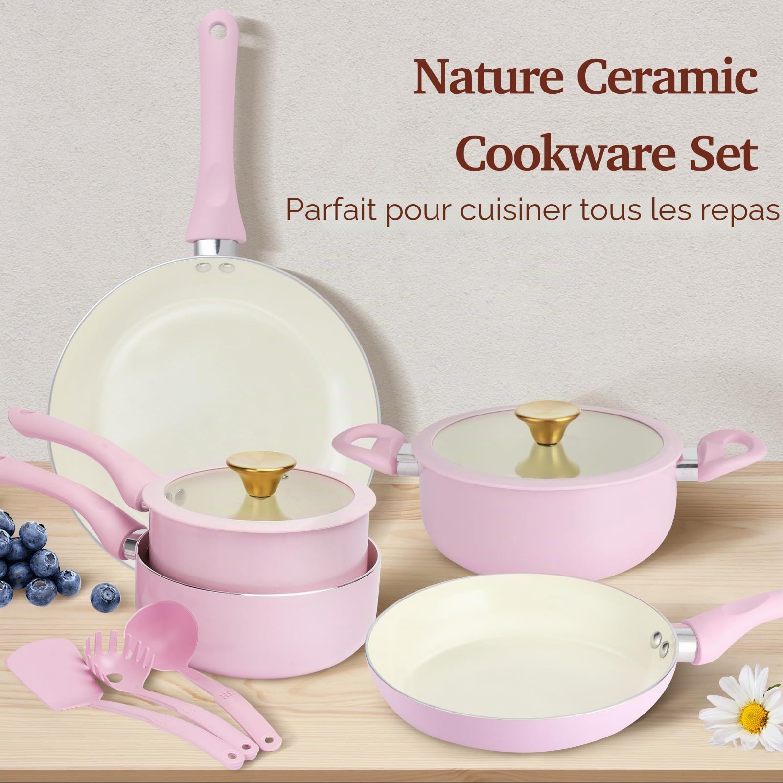 M MELENTA Batterie de cuisine 11 pièces en céramique antiadhésive rose - Set casseroles et poêles compatible tout feux dont induction