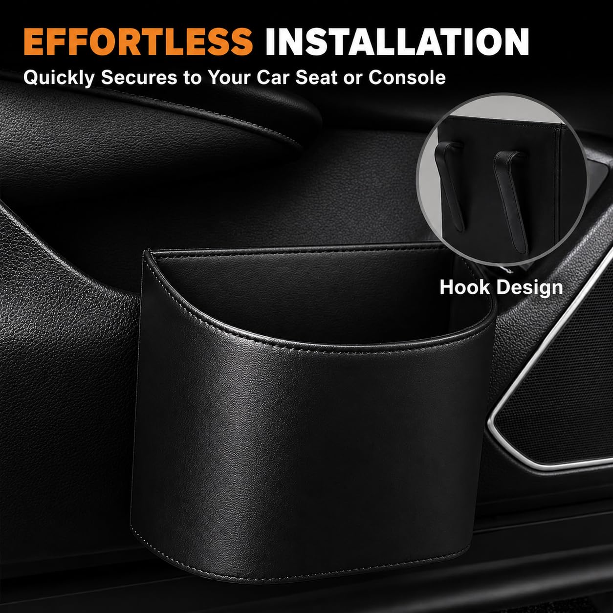 COZILO Leather Car Trash Can – Leakproof & Easy-to-Clean Car Garbage Can for Luxury Cars, SUVs & Trucks | Includes 60 Custom Liners, Secure Hook, Easy Install, Black