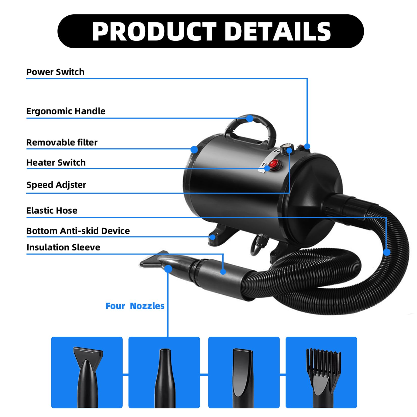 Memows Soffiatore per Cani Asciugacapelli per Cani 2800W Phon Cani velocità e Temperatura Regolabili Meno Rumore Asciuga Cane Toelettatura Animali con 4 Ugelli per Uso Privato e Professionale (Nero)