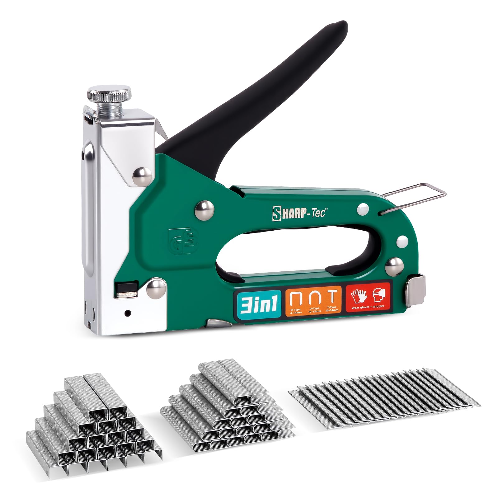 Sharp-tec 3-in-1 Staple Gun, Upholstery Staple Gun Kit with 3000 Staples, Staplers & Tackers with Quick-Jam Release for Wood, Cardboard, Crafts, DIY, Cable, Carpet (Green)