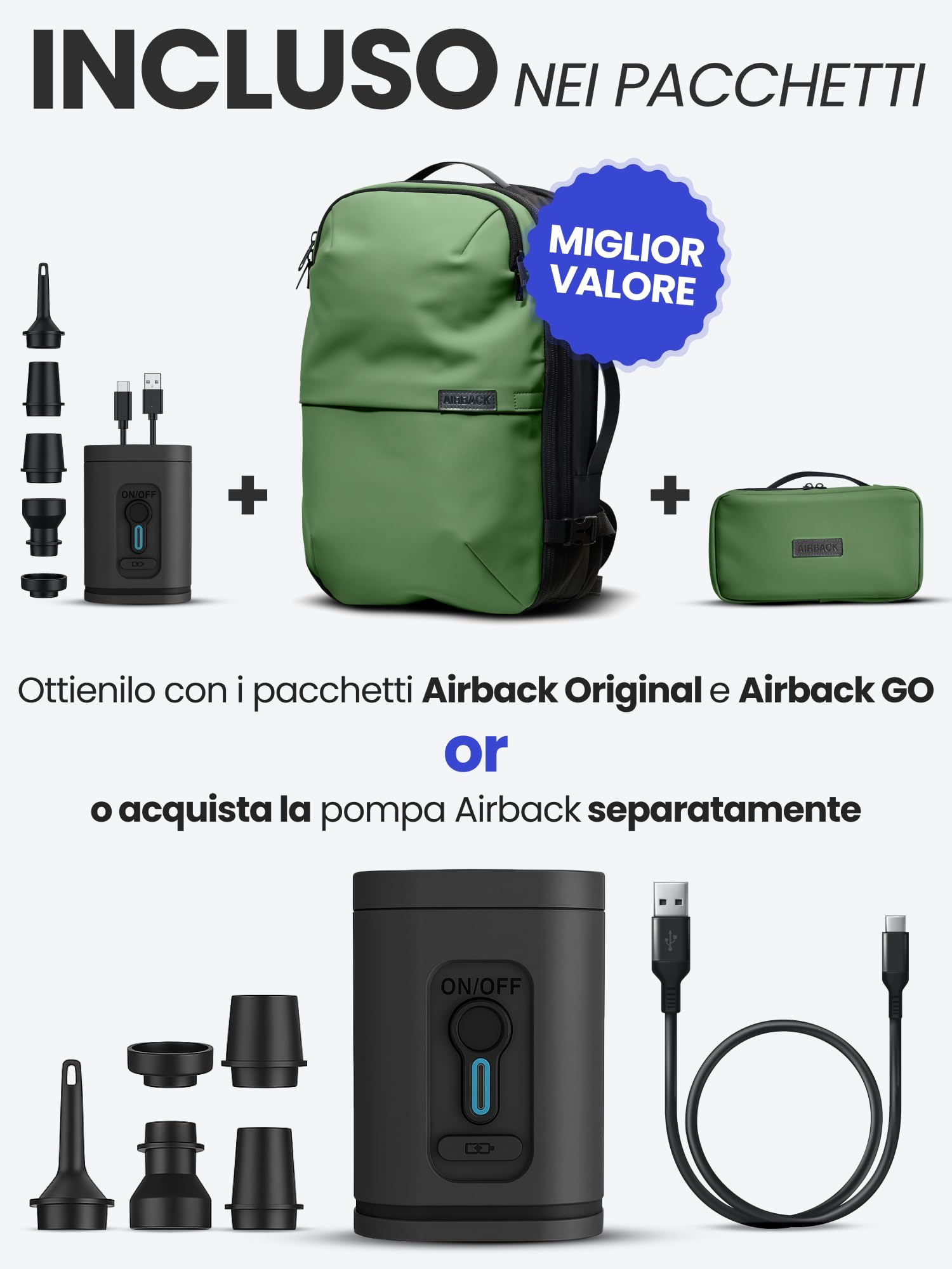 Pompa ad aria compatta Airback – Pompa elettrica portatile per vuoto, ricaricabile, potente aspirazione, accessorio da viaggio leggero per bagagli Airback