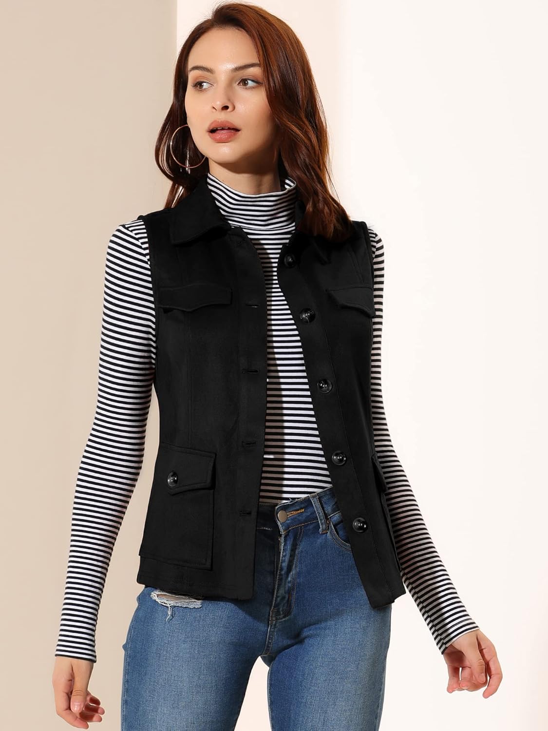 Allegra K Women's Faux Suede Vest Utility Buttoned Sleeveless Jacket with Cargo Pocket