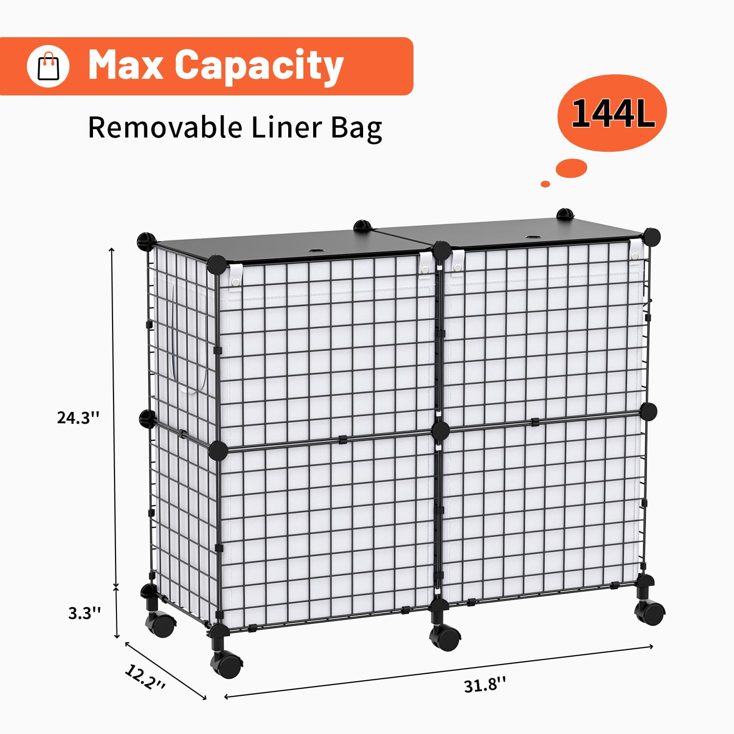 Snughome Wire Laundry Hamper with Lid, Clothes Hamper with Wheels and Hooks, 144L Capacity Liner Bag with Handle, Dirty Laundry Basket Organizer Dorm Room Storage for Bedroom, Bathroom