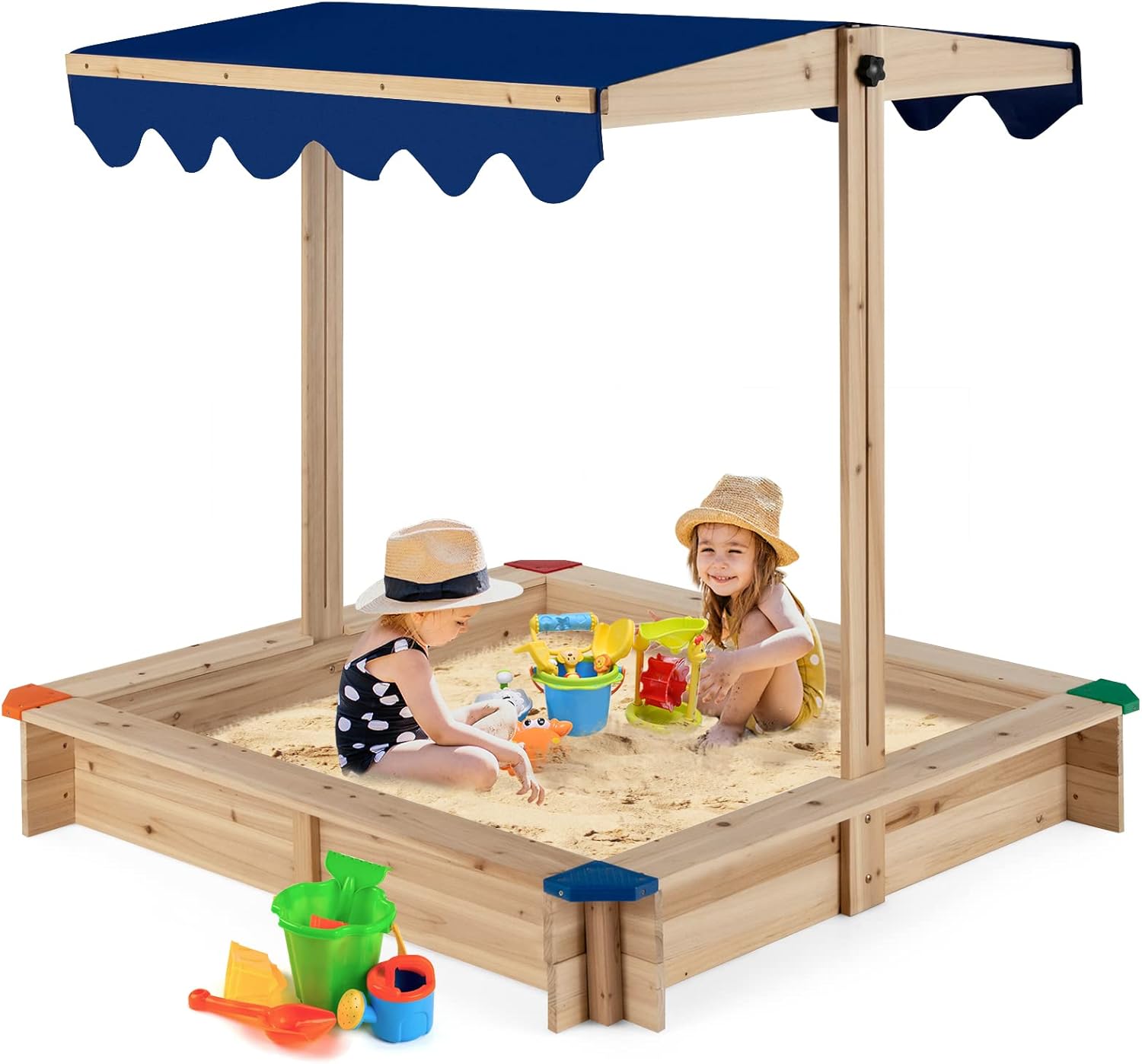 HONEY JOY Kids Sandbox with Canopy, Wooden Sand Pit Play for Toddlers