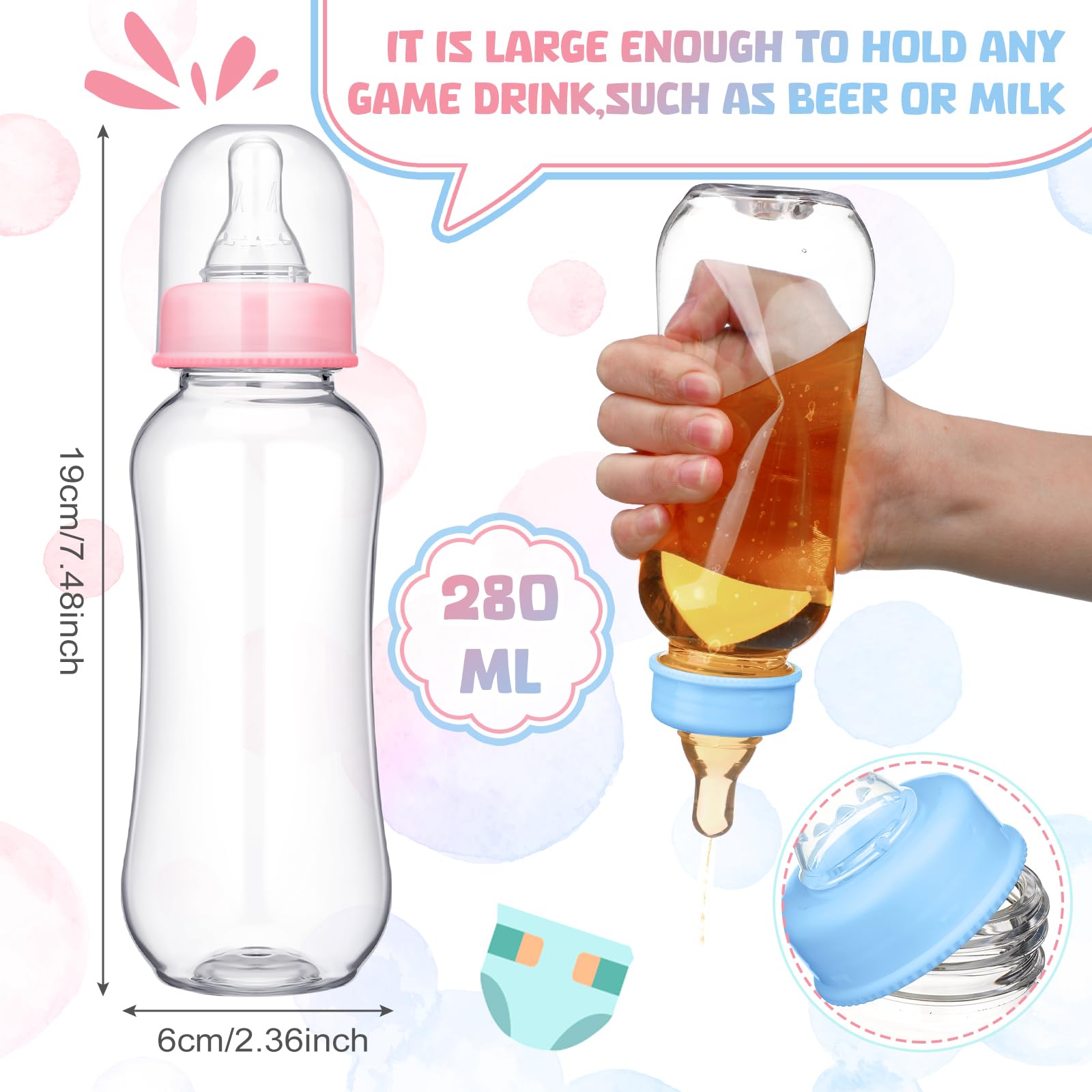 Hushee 12 zestawów zabawnych plastikowych butelek Chug Baby Shower Games Juegos Para Plastikowe butelki dla niemowląt Jednorazowe pieluchy ujawnienie płci Prezenty wyścigowe Pieluchy Feed Me Gra