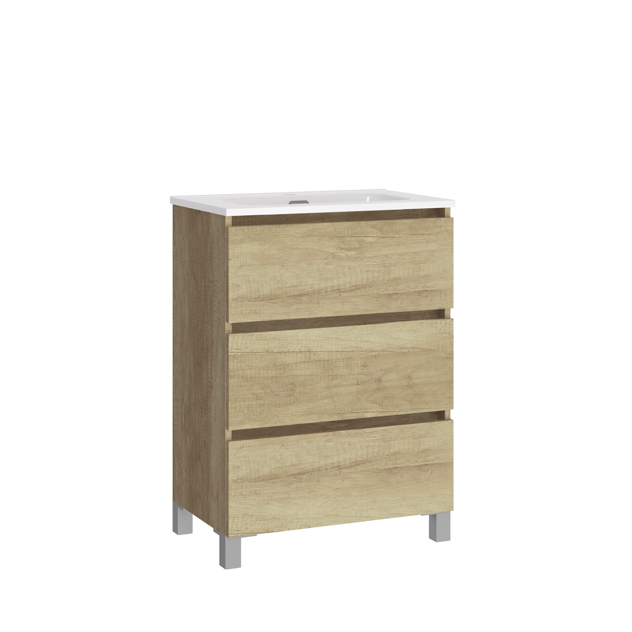Baikal, Conjunto de baño Natura. Mueble de Baño de Fondo Reducido, con Lavabo cerámico. Distribución Tres Cajones. Mueble MONTADO. Tres Cajones sin Espejo. Fondo 39cm 50 cm Nature