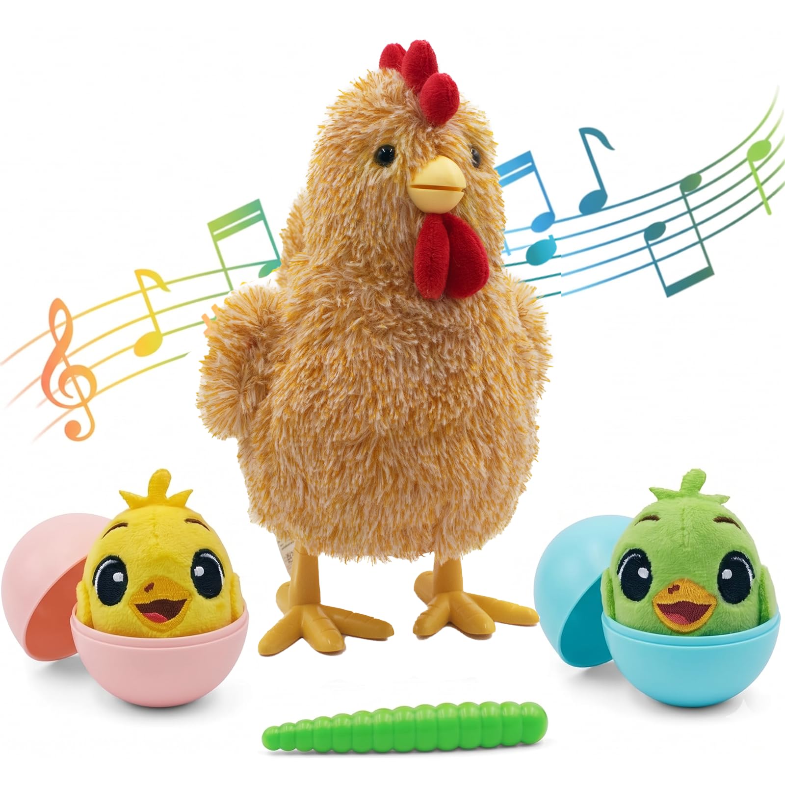 YH YUHUNG Juguetes de peluche interactivos mamá gallina, canta y pone huevos, animal electrónico de granja para niños pequeños a partir de 3 años, con pollitos y gusano de alimentación (Amarillo)
