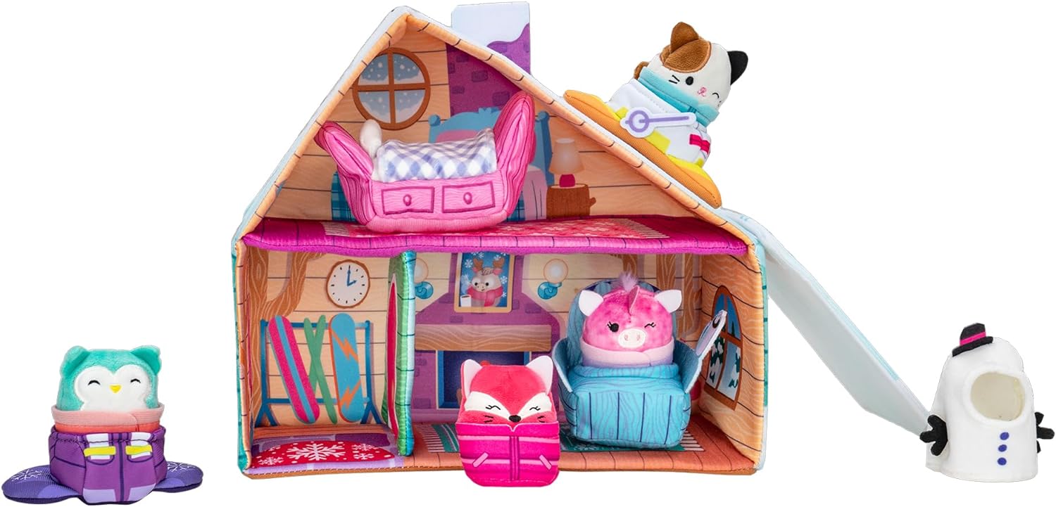 Squishville by Original Squishmallows Ski Chalet - Includes Four 2-Inch Skis, Snowboard, Snowman, Chair, Bed, and Playscene with Ski Slope - Amazon Exclusive