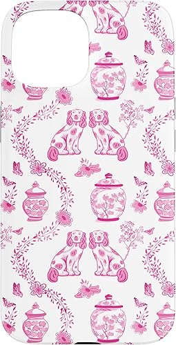 Miniatura 10 de Funda para iPhone 13 Pro Max Preppy Pink and White Toile Chinoiserie Dogs and Ginger Jars