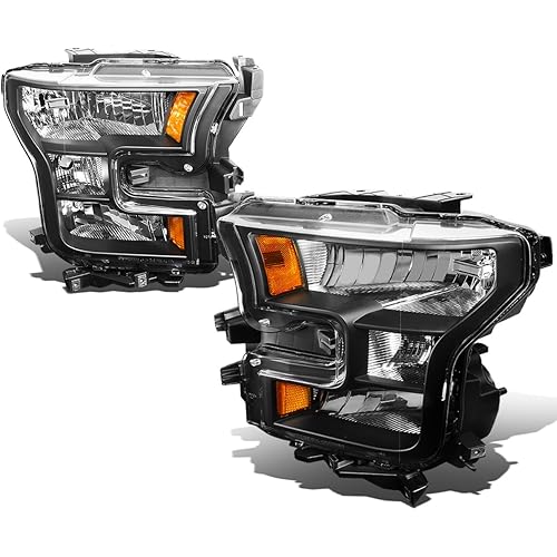 Auto Dynasty Headlights Assembly Compatible with 2015 2016 2017 Ford F150 13th Gen, Driver and Passenger Side Halogen Headlamps Replacement, Black Housing Amber Corner