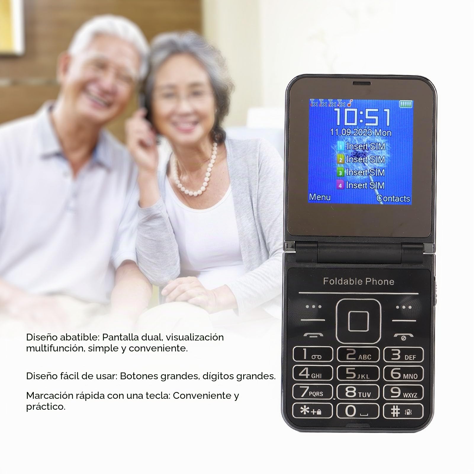 Teléfono Móvil para Personas Mayores Desbloqueado 2G, Teléfono Plegable con 4 Tarjetas SIM en Espera, Marcación Rápida con una Tecla, Botón Grande, Teléfono para Personas Mayores