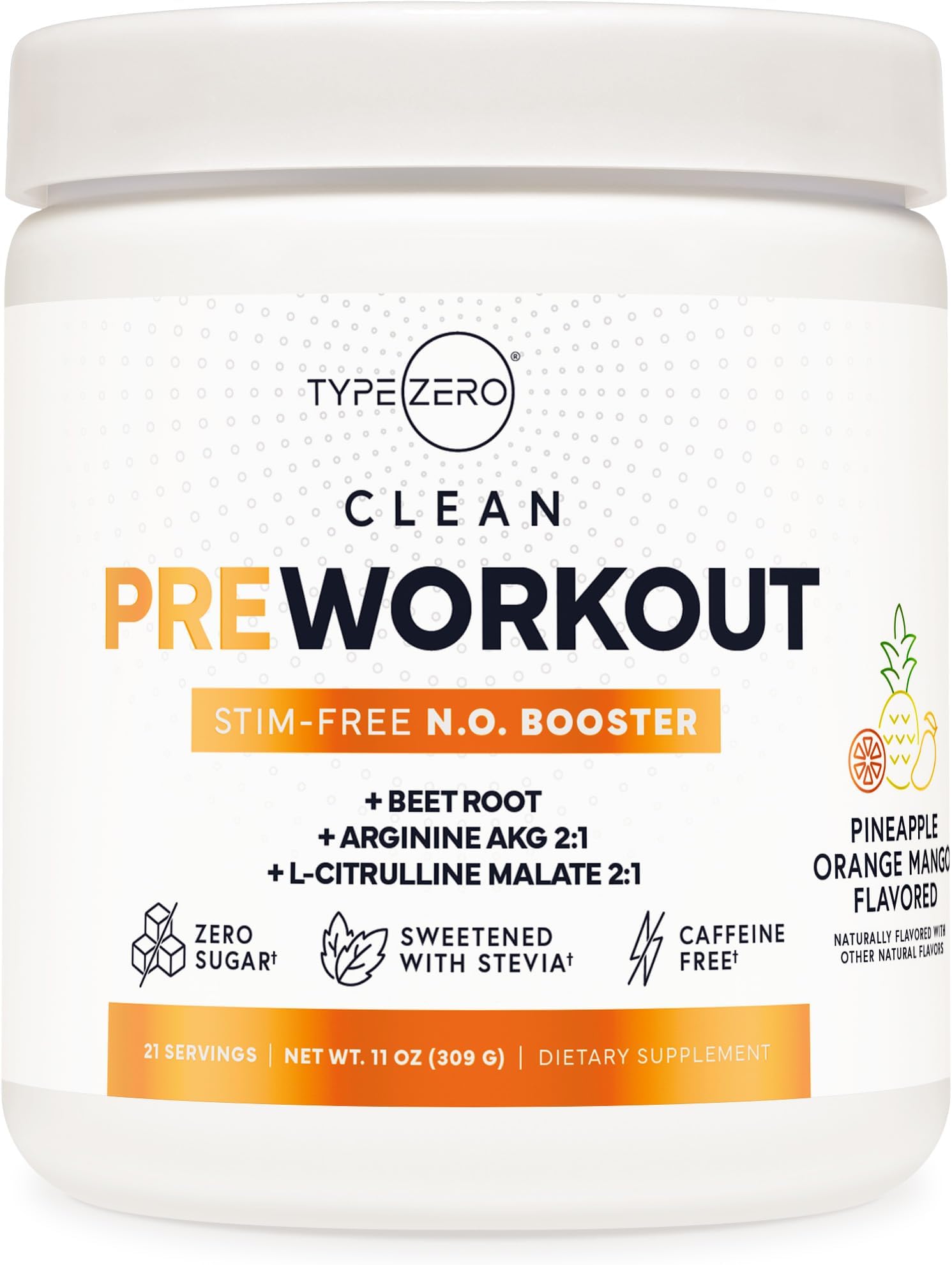 Type Zero Ultra Clean Stim Free Pump Pre Workout (Pineapple Orange Mango) Beetroot, Arginine, Citrulline Malate, Betaine, Beta A, ACV+ Sugar/Caffeine Free Non Stim Preworkout Men & Women