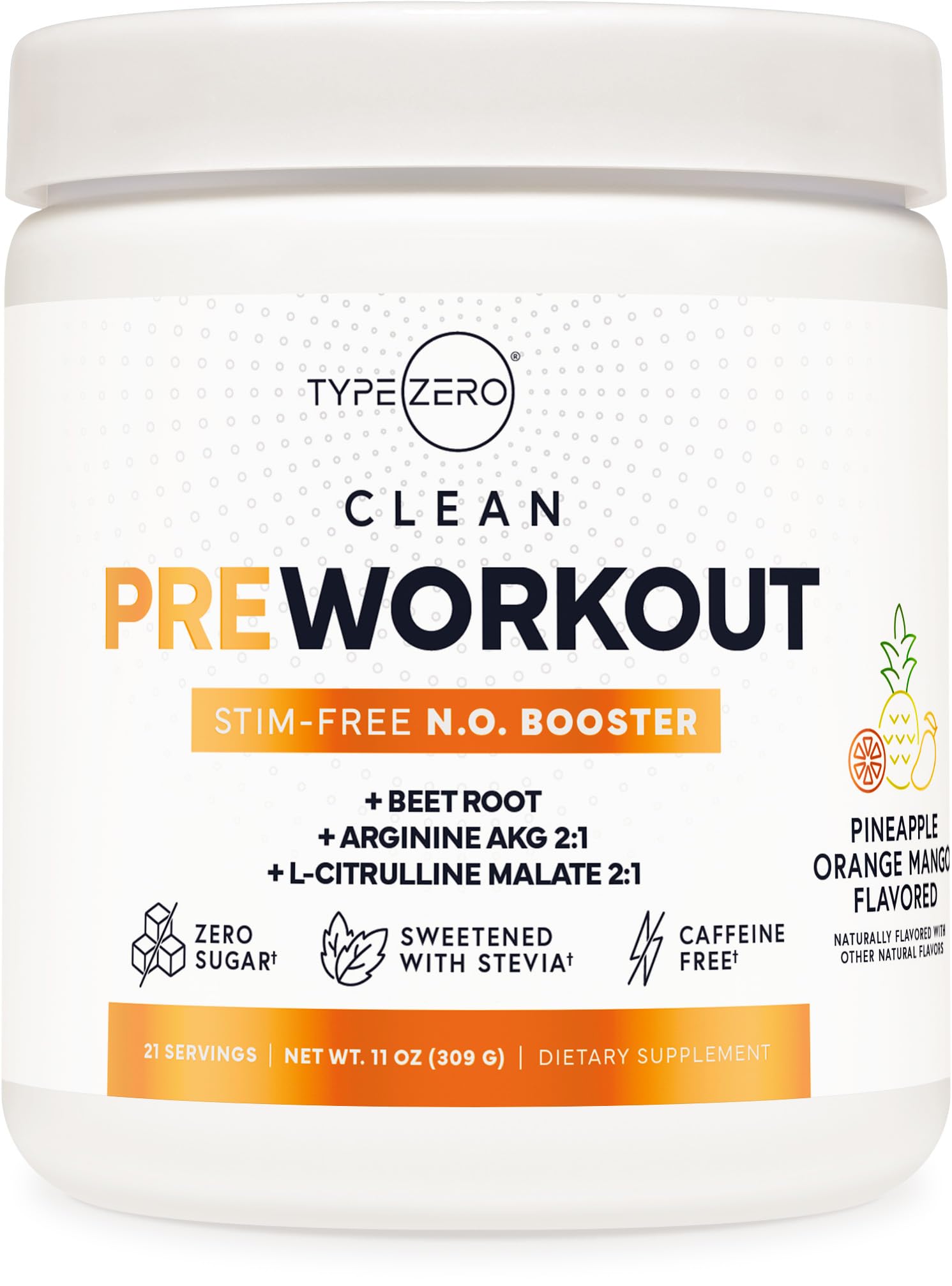 Type Zero Ultra Clean Stim Free Pump Pre Workout (Pineapple Orange Mango) Beetroot, Arginine, Citrulline Malate, Betaine, Beta A, ACV+ Sugar/Caffeine Free Non Stim Preworkout Men & Women