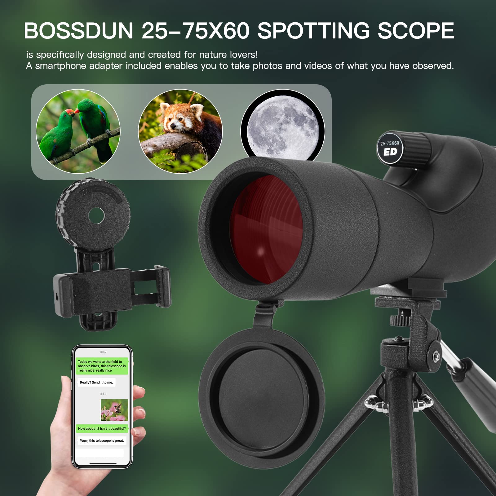 Alcance de detección, monoculares de doble enfoque de alta potencia para adultos, lente de 60 mm, telescopio resistente al agua para la vida silvestre, paisajes, regalos para hombres (negro)