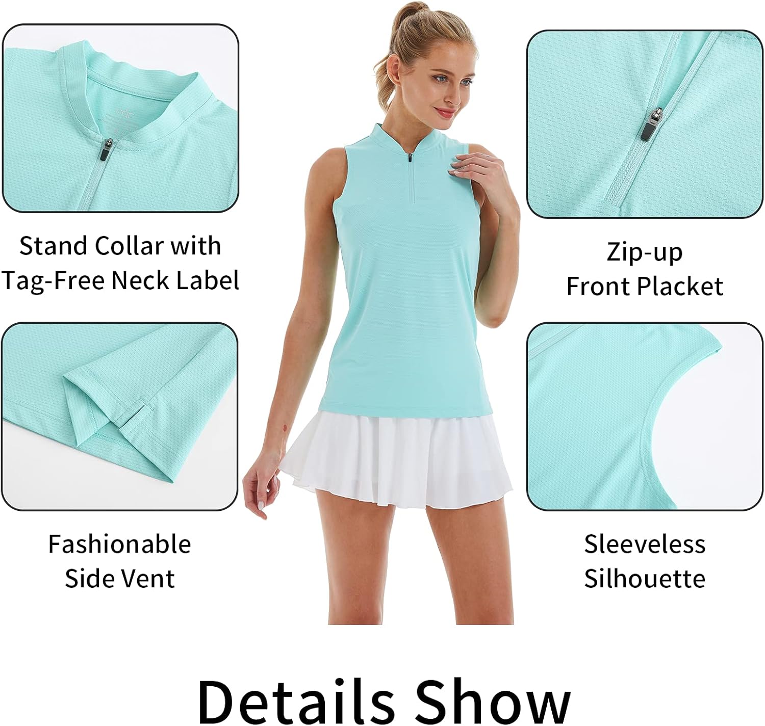 CQC Women's Sleeveless Golf Polo Tennis Shirts Zip Up Quick Dry UPF 50+ Athletic Tank Tops Moisture Wicking Sport Casual Green L