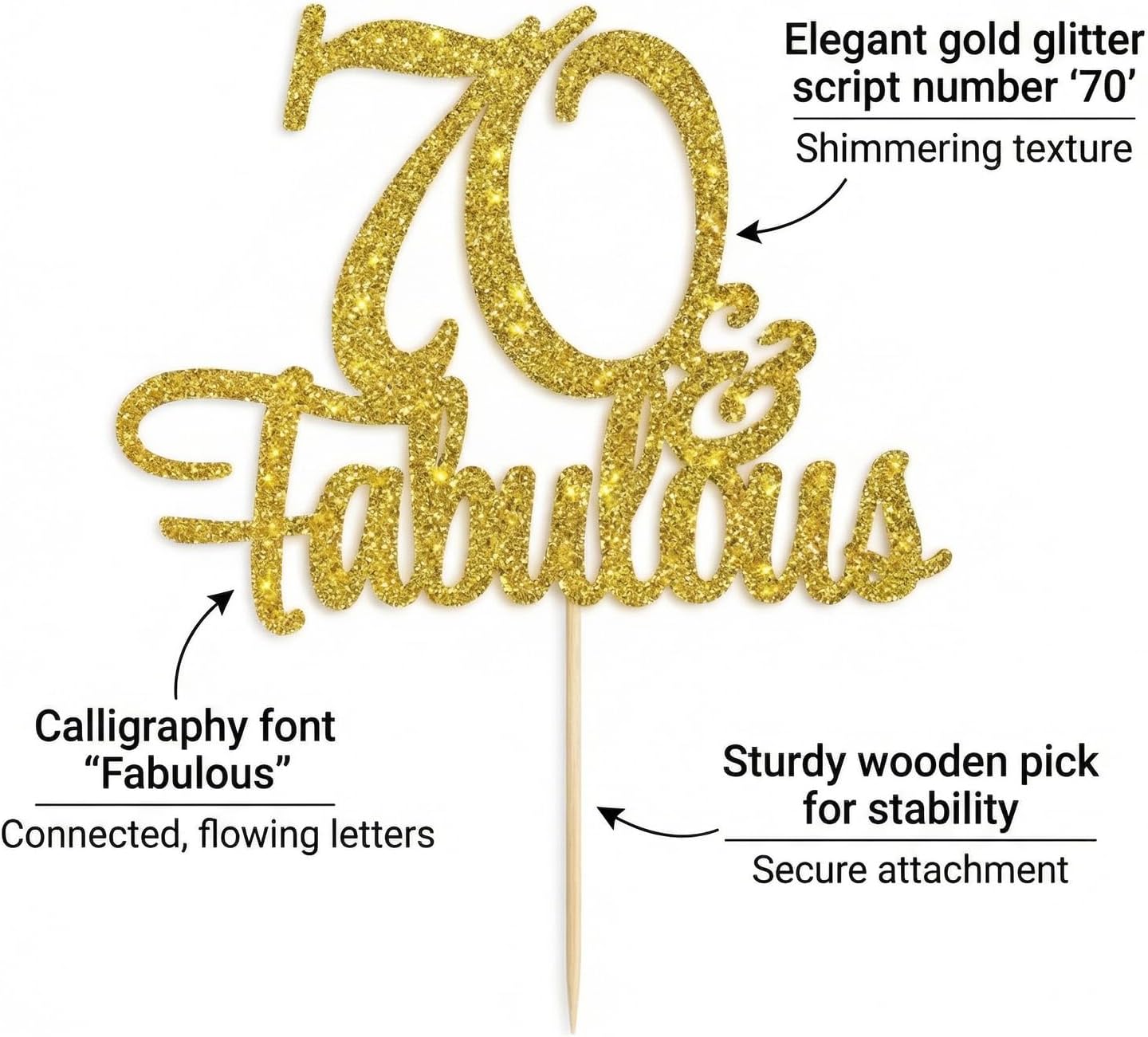 70th Birthday Cake Topper Gold - Fabulous 70 Cake Decorations Non-Edible with Golden Stand for Women Men Anniversary Party Supplies