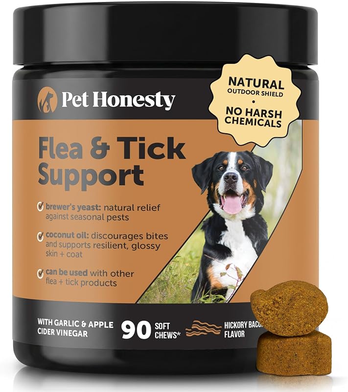 Suplemento natural para prevención de pulgas y garrapatas para perros Outdoor Defense, masticables para perros para disuadir plagas estacionales con ajo, vinagre de sidra de manzana, aceite de coco y levadura de cerveza (tocino de nogal, 90 unidades)