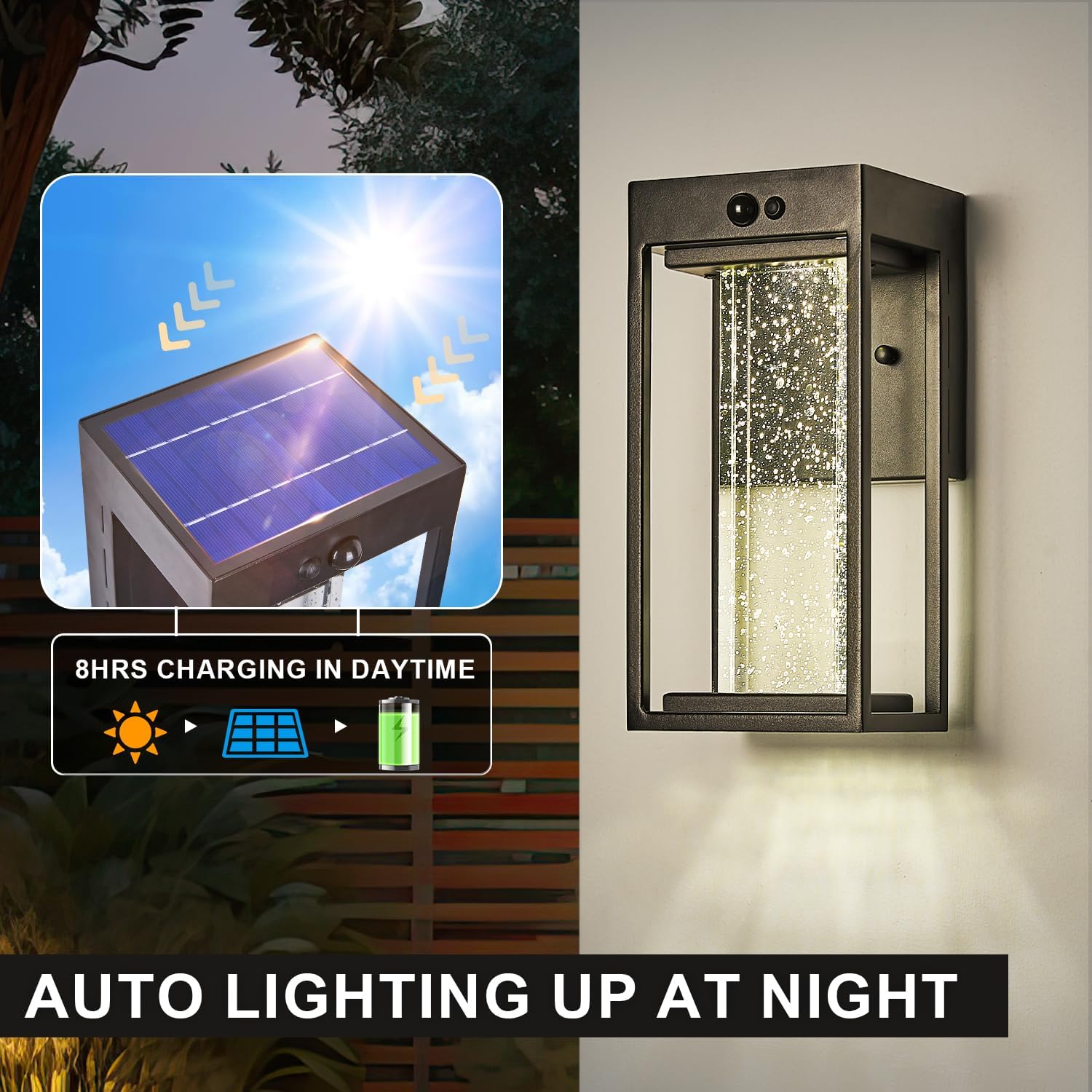 Solar Outdoor Wall Light with 3 Modes Motion Sensor Crystal Exterior Sconce with 4000K 250LM LED Outside Light for House Front Door Garden Patio IP65 Waterproof Dusk to Dawn Solar Porch