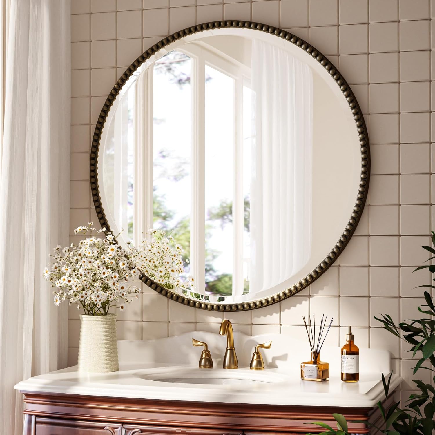 28 Inch Round Bathroom Mirror - Luxurious Retro Beaded Circle Decorative Wall Mirror with PU Frame Hanging Leaning as Art Decor for Entryway, Bedroom, Living Room, Hallway, Bronze