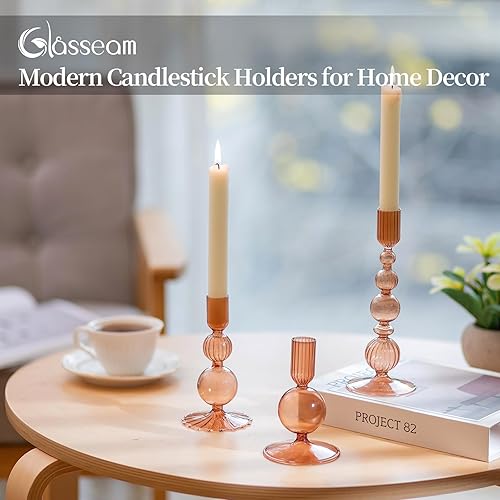 Miniatura 4 de Glasseam Candelabro decorativo para candelabros juego de 3 portavelas de vidrio ámbar, modernos portavelas para candelabros cónicos, portavelas de