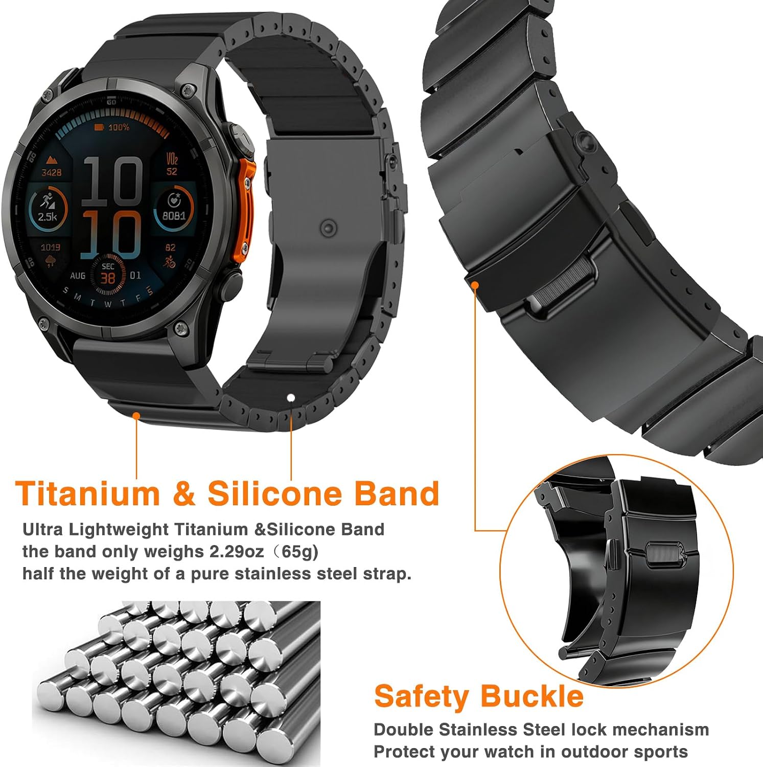 Abanen Lightweight Titanium Silicone Watch Band for Garmin Fenix 8 / Tactix 8 / epix Pro/Enduro, Elevate Dual-Layer Wrist Strap with Flip-Lock Folding Clasp for Fenix 7 /Instinct 3/ Approach S70 47mm