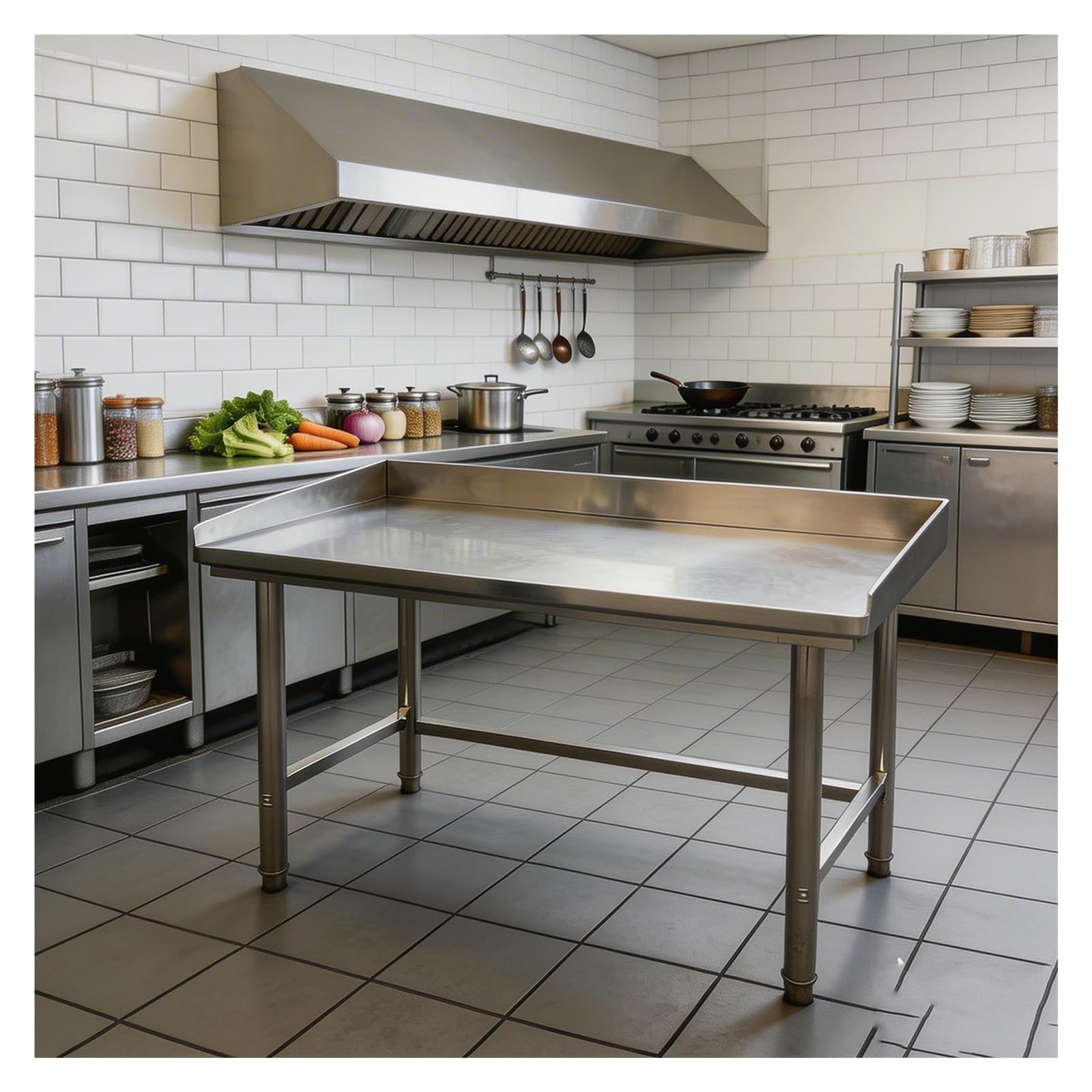 Mesa Taller de Acero Inoxidable con Salpicaderas en Tres Lados Mesas Trabajo Comercial de Un Solo Nivel Travesaños Reforzados en Las pata patas Ajustables Adecuado para Restaurantes Y Domésticas