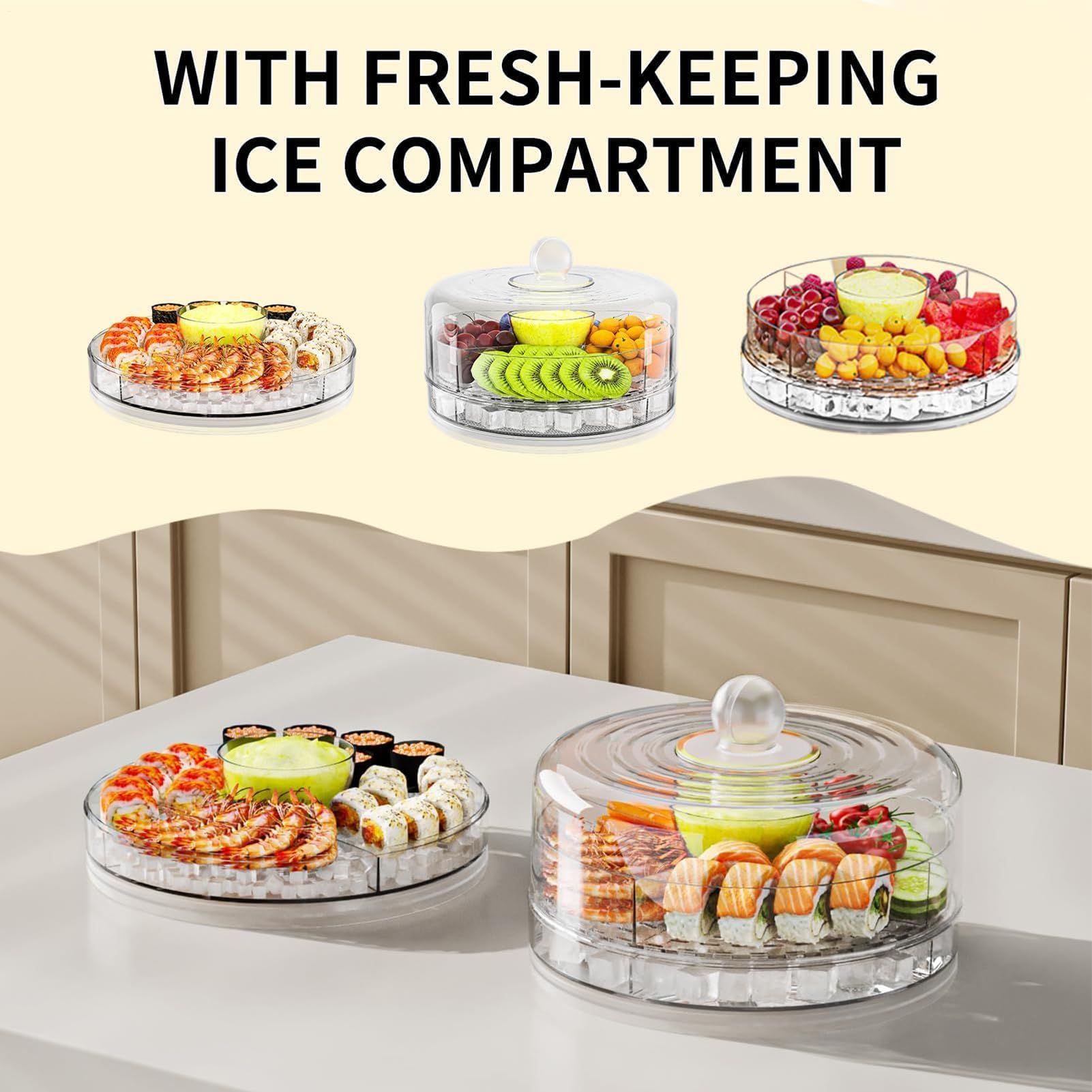 Vassoio da portata refrigerato di alta qualità, sistema di conservazione degli alimenti diviso per buffet freddi, dessert, verdure e frutta, ideale per feste, eventi di catering e intrattenimento