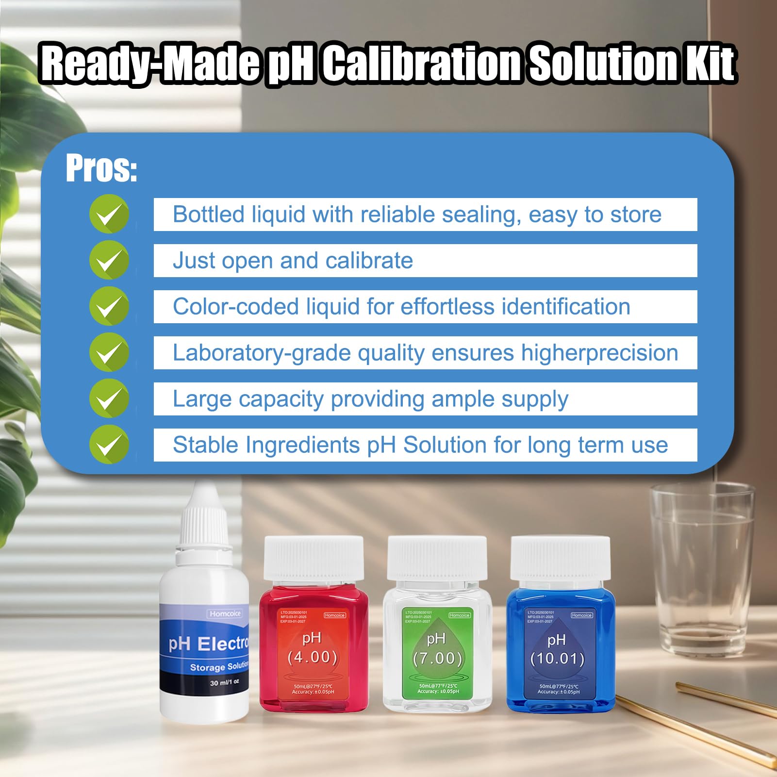 Kit Solution Étalonnaget pH (4.00, 7.00 et 10.01), universel Solution Étalonnage pH 50 ml et Solution Stockage de sonde pH (KCL) 30 ml pour pH-mètres