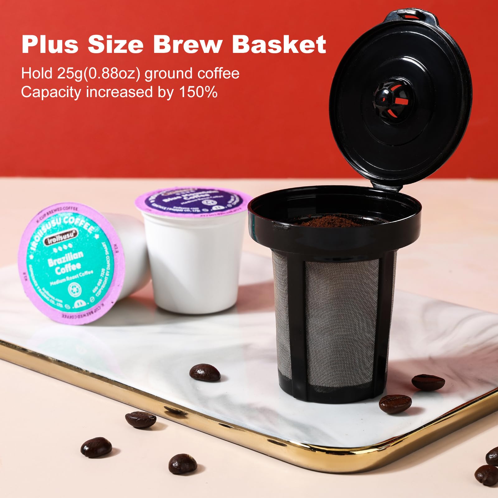 Ranbomer Single Serve Coffee Maker, K Cup and Ground Coffee Machine 2 in 1, 6 to 14 Oz Brew Sizes, Mini One Cup Coffee Maker with Self cleaning Function, Fits Travel Mug, (Red)