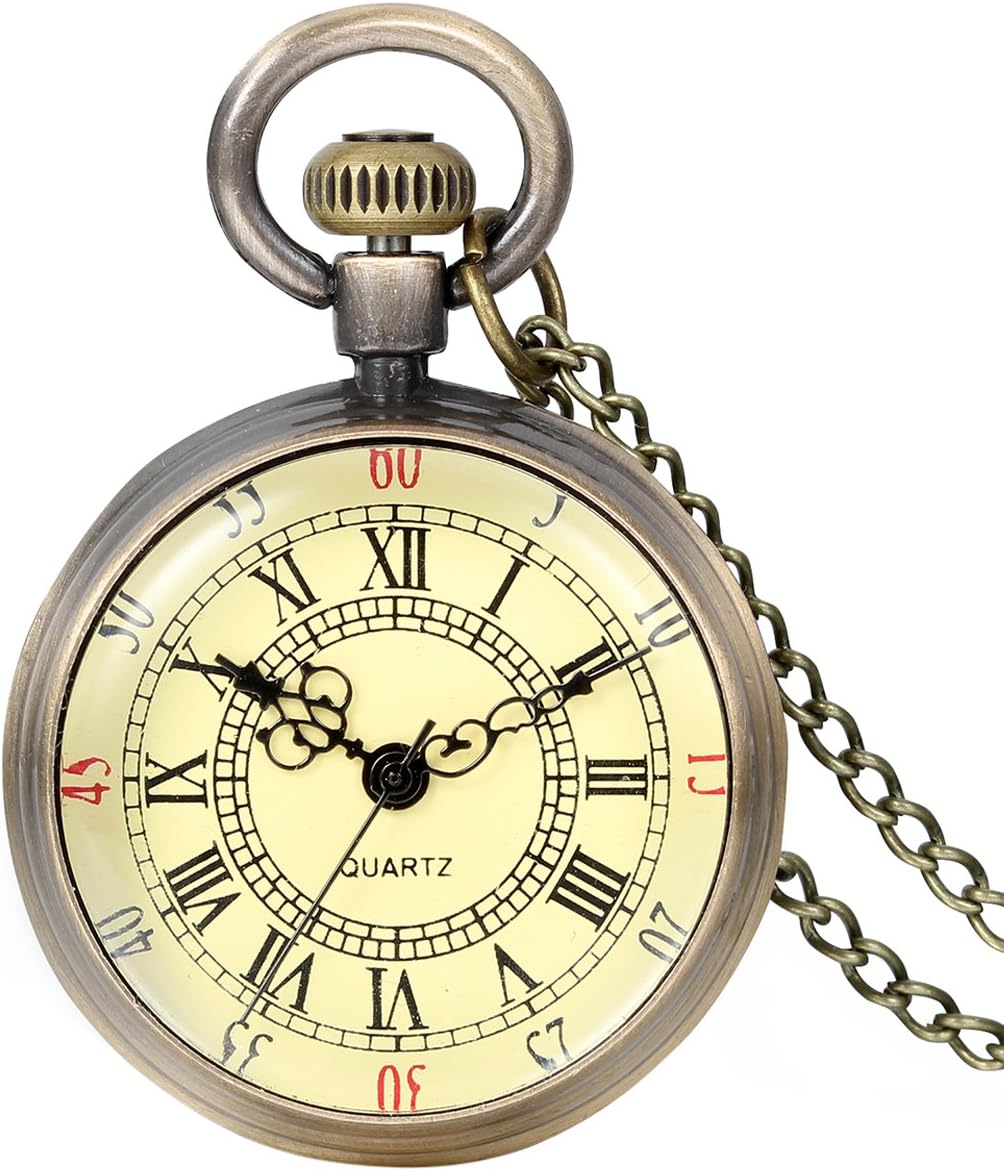 JewelryWeRetro Vintage Roman Numerals Dial Quartz Transparent Glass Lid Pocket Watch Long Necklace Pendant 31.7 Inch Chain (with Gift Bag)