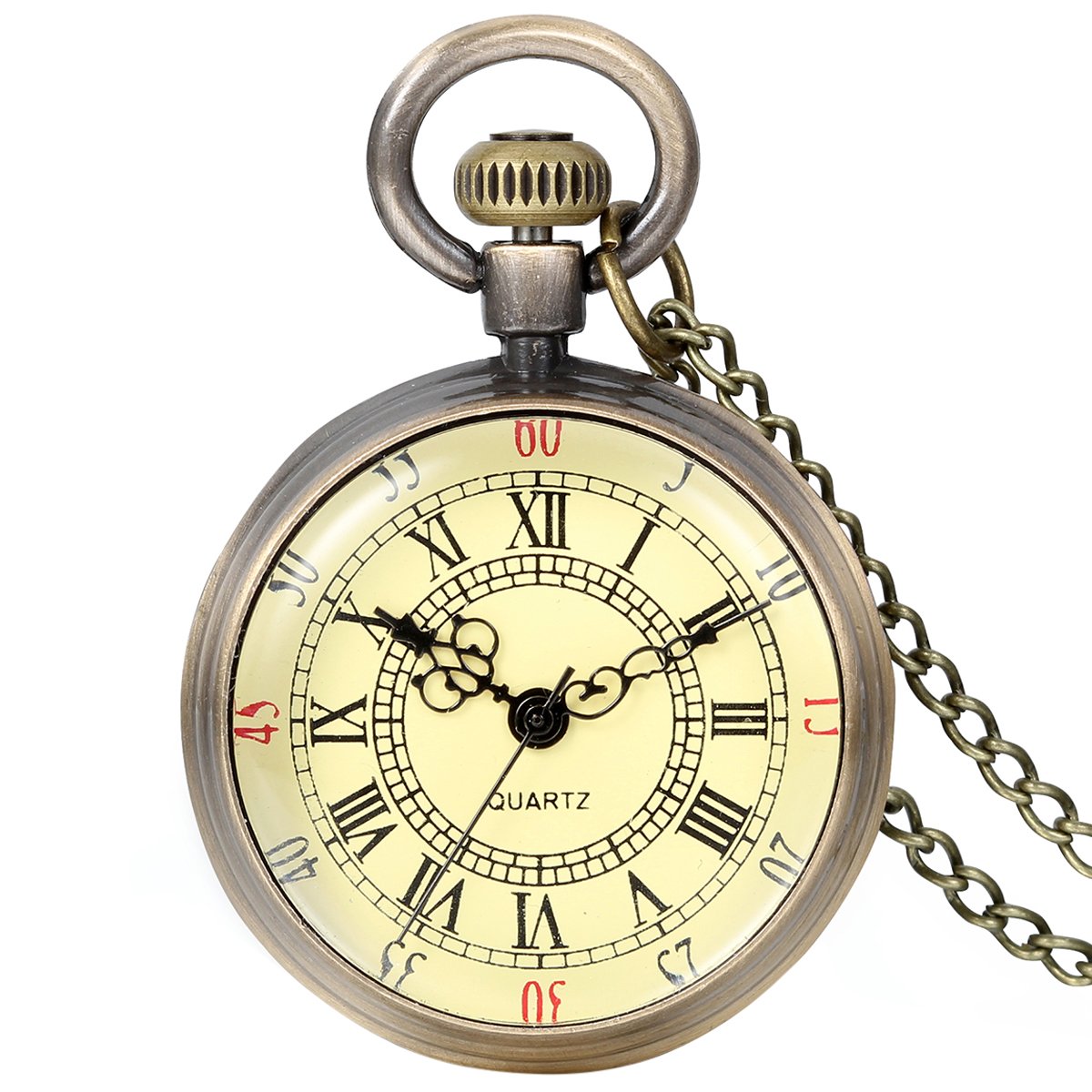 JewelryWeRetro Vintage Roman Numerals Dial Quartz Transparent Glass Lid Pocket Watch Long Necklace Pendant 31.7 Inch Chain (with Gift Bag)