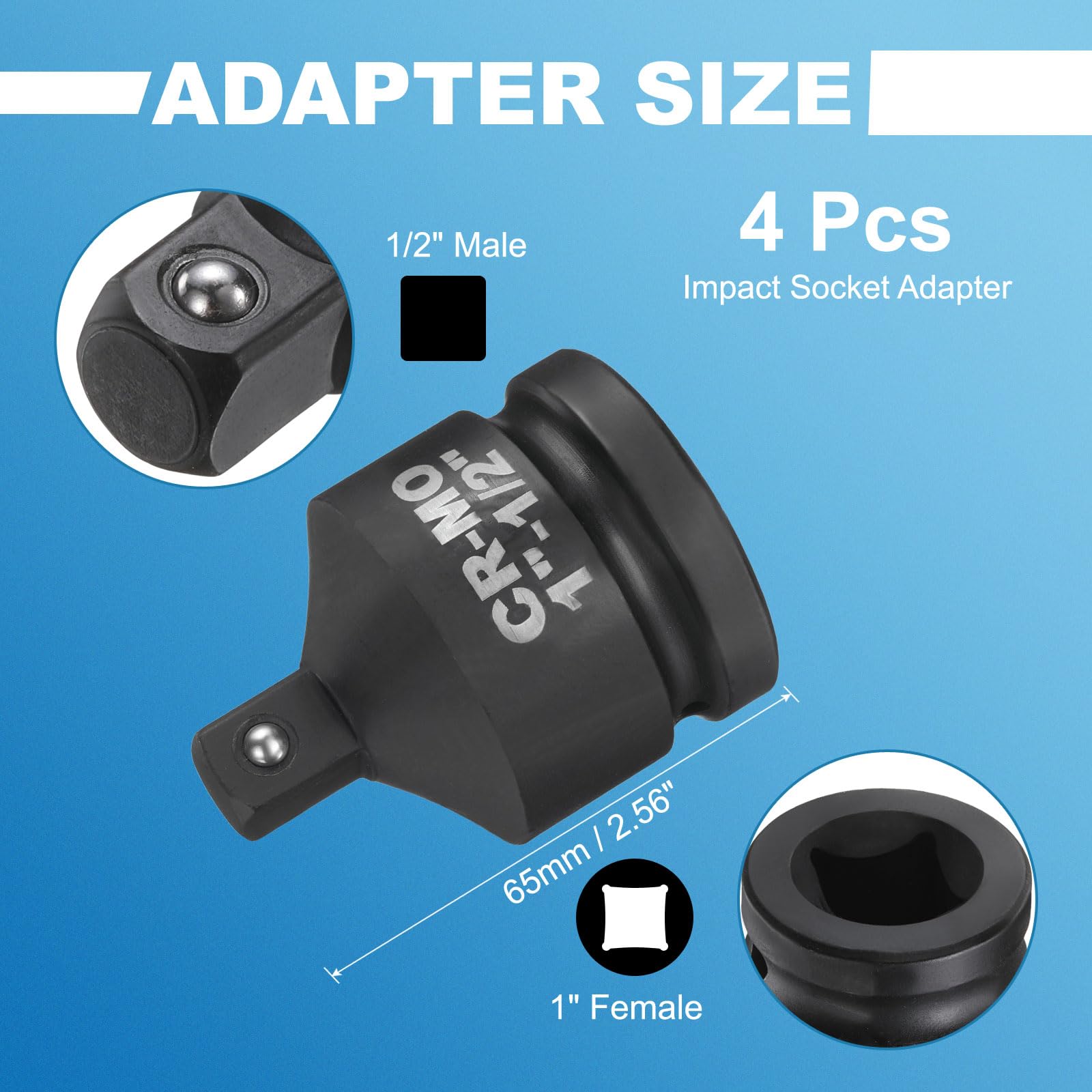 HARFINGTON Lot de 4 adaptateurs de douille à choc femelle 2,5 cm vers mâle 1,27 cm carré réducteur standard SAE CR-MO en acier convertisseur à percussion clé à cliquet barre disjoncteur conversion