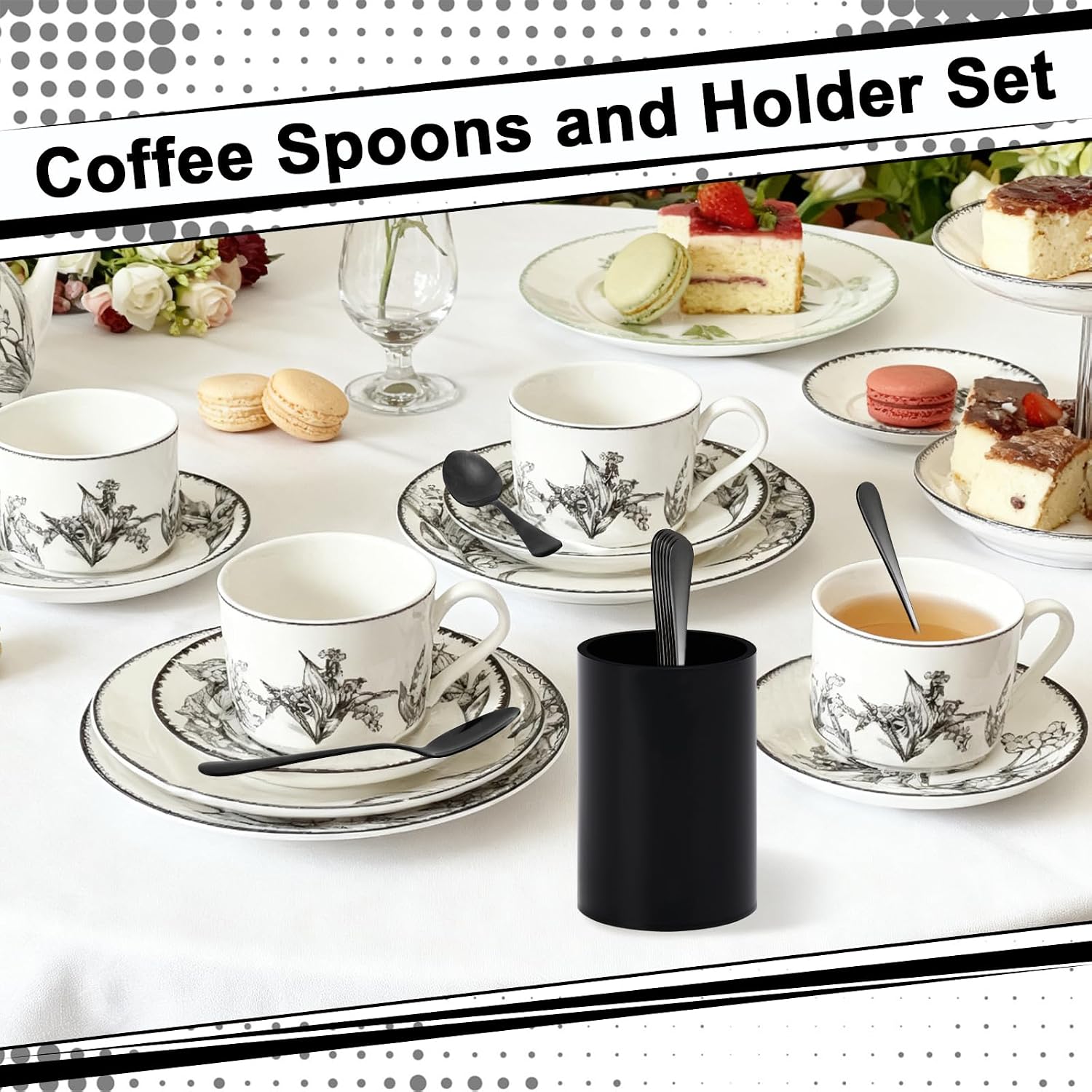 12 PCS Black Coffee Spoons with Holder 4.92 Inch Mini Coffee Spoons Small Espresso Coffee SpoonsBlack Dessert Spoons Stainless Steel Tea Spoons Set of 12 for Tea Party Coffee Bar