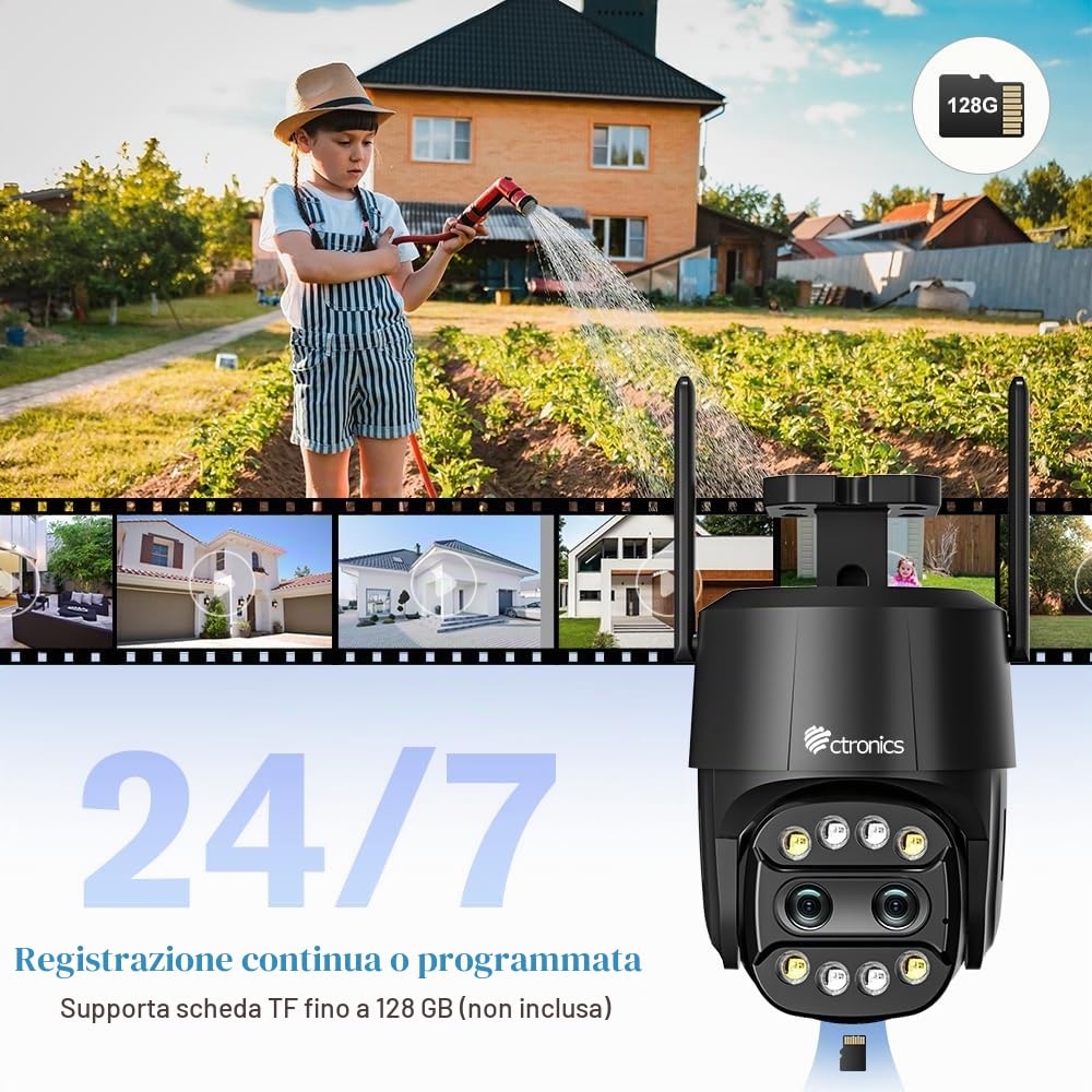 Ctronics Zoom Ibrido 6X Videocamera Wi-Fi Esterno con Doppio Obiettivo | Tracciamento Zoom Automatico Sorveglianza, Rilevamento Umano Visione Notturna a Colori Audio Bidirezionale IP66 (Nero)
