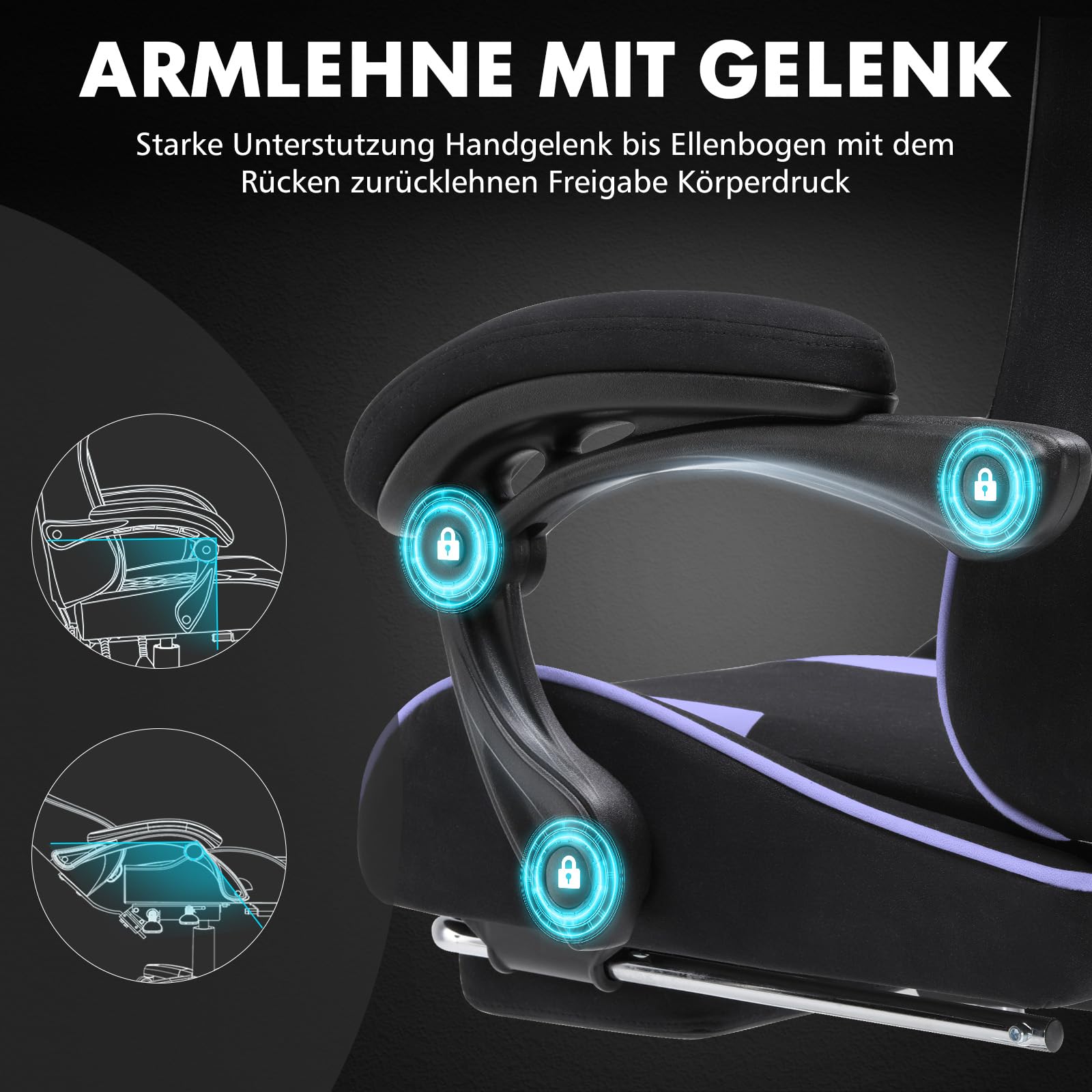 GTPLAYER Krzesło gamingowe, ergonomiczne krzesło biurowe, fotel gamingowy z podparciem okolic masażu, krzesła zadaniowe z podnóżkiem i zagłówkiem, fioletowy materiał
