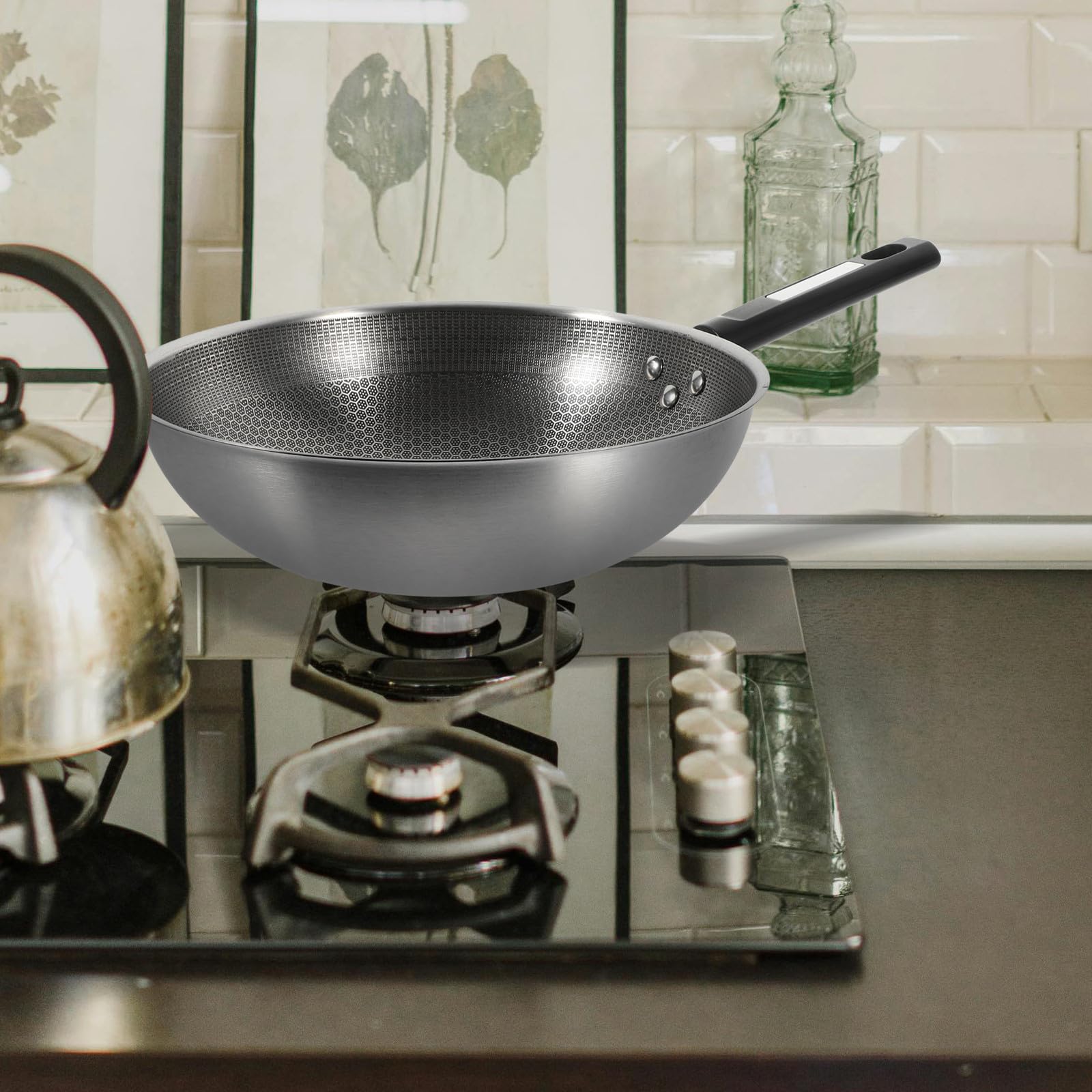 SUPVOX Padella Pentola per Friggere Antiaderente in Acciaio Inossidabile Fondo Piatto e Manico Ergonomico Distribuzione Uniforme del Calore, per Cucina Domestica