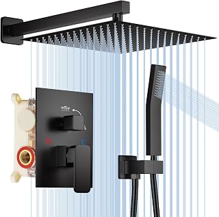 Shower System, HotQing Rainfall Shower System with High Pressure 12 inch Shower Head Hand Held Square Shower Head Bathroom Luxury Rain Mixer Shower Complete Combo Set Wall Mounted Matte Black