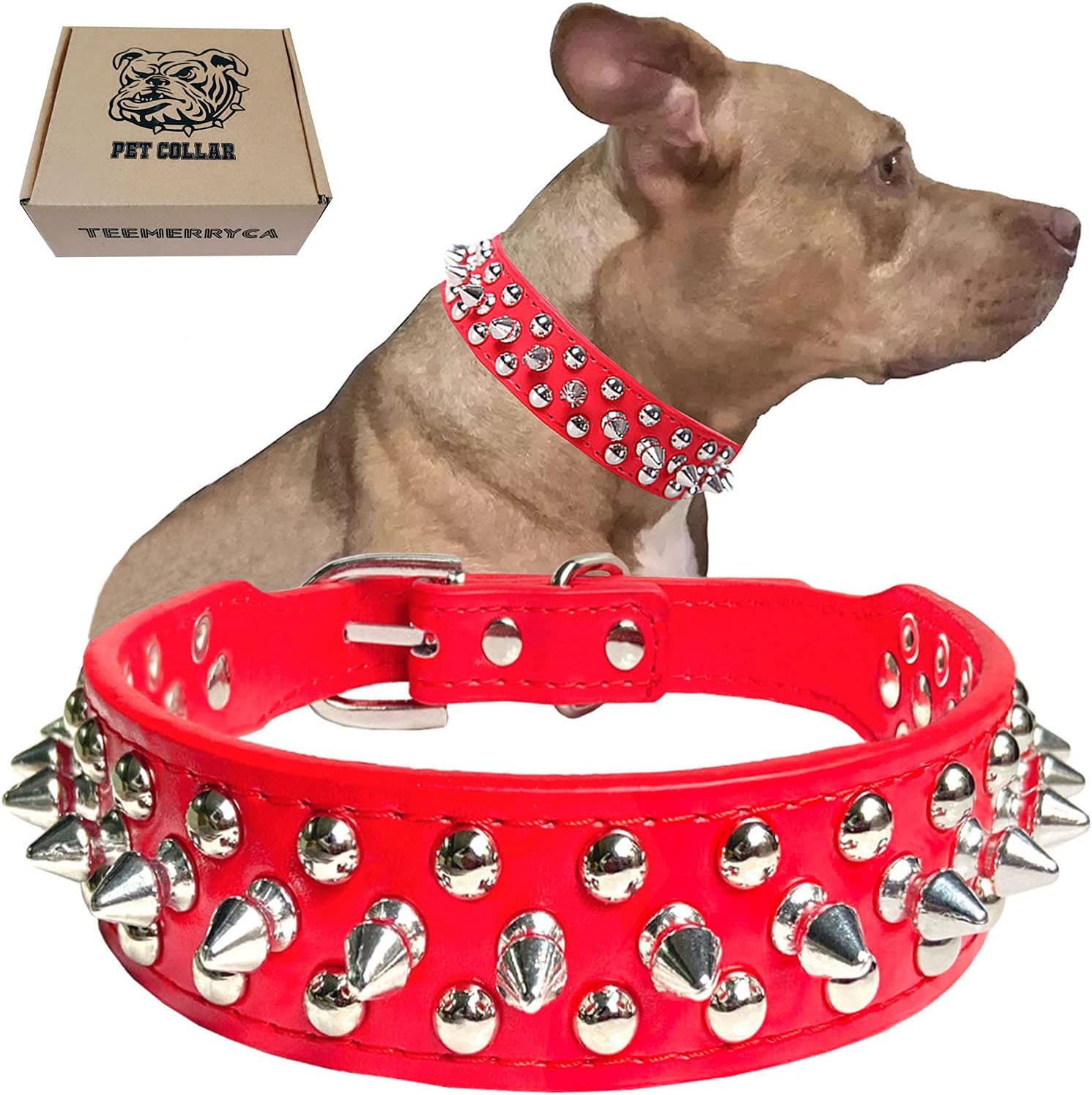 TEEMERRYCA Adjustable Microfiber Leather Spiked Studded Dog Collars with a Squeak Ball Gift for Small Medium Large Pets Like Cats/Pit Bull/Bulldog/Pugs/Husky, Red, L(15"-18.5")