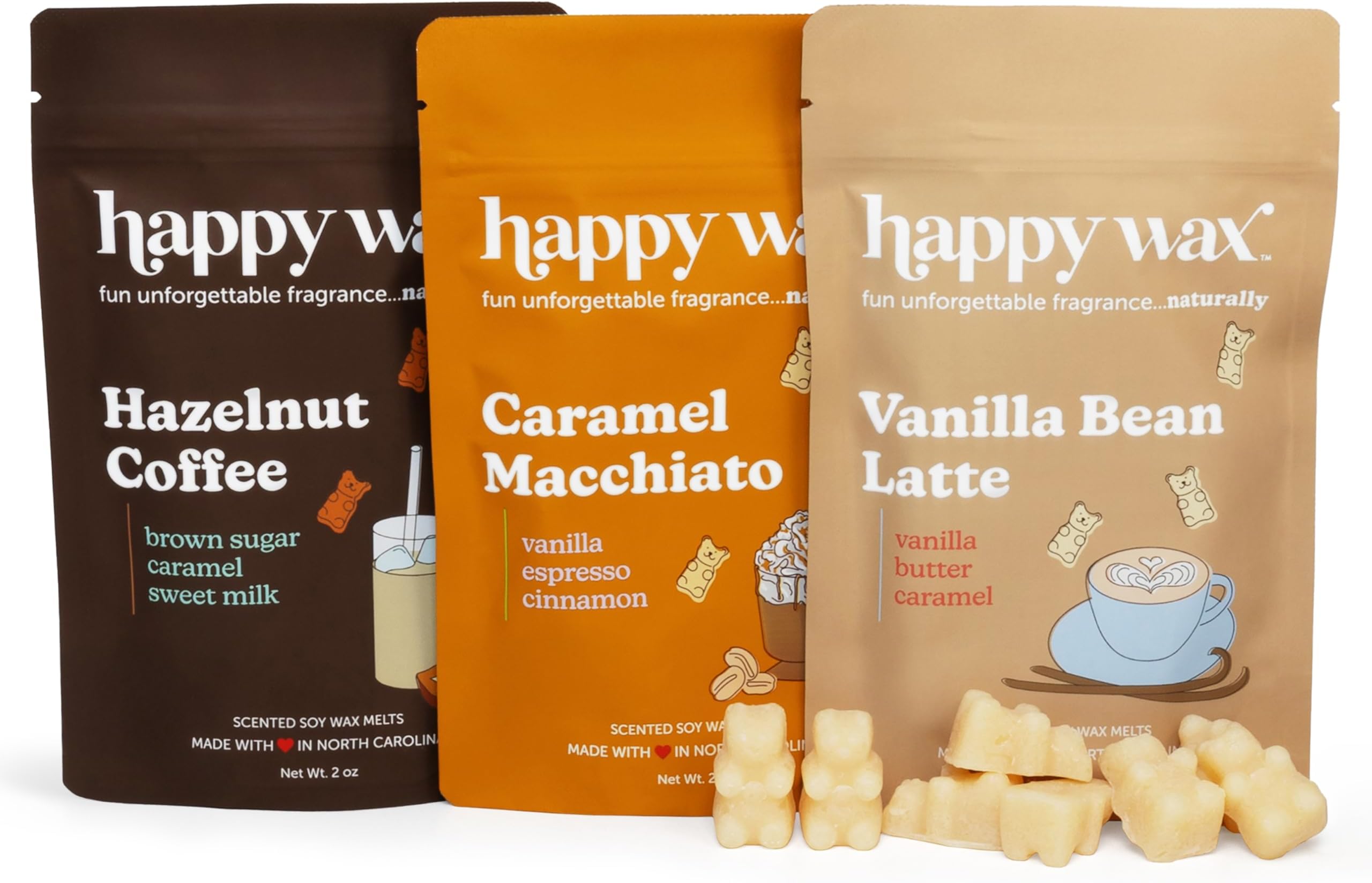 Coffee Collection: Natural, Non-Toxic Scented Soy Wax Melts – Total 6oz Variety Pack: Vanilla Bean Latte, Caramel Macchiato, Hazelnut Coffee