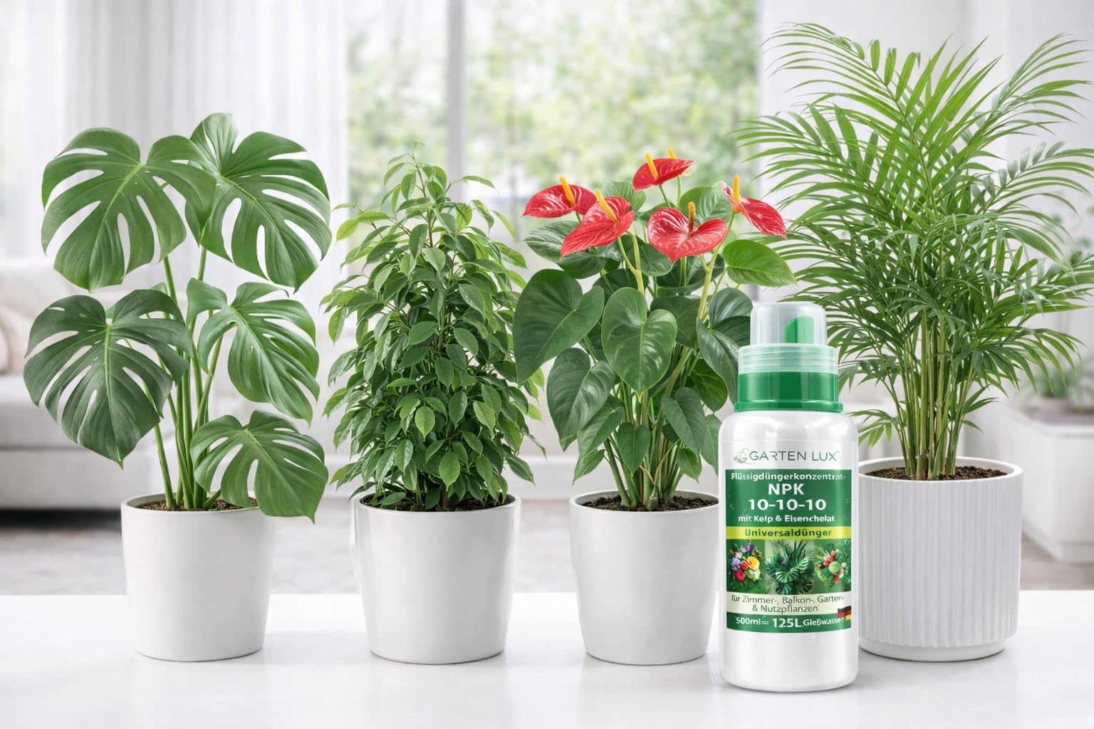 Garten Lux Fertilizante Líquido NPK 10-10-10 Concentrado con Kelp y Hierro Quelado – Abono Universal para Plantas de Interior, Jardín y Huerto Urbano – 500 ml hasta 125 L