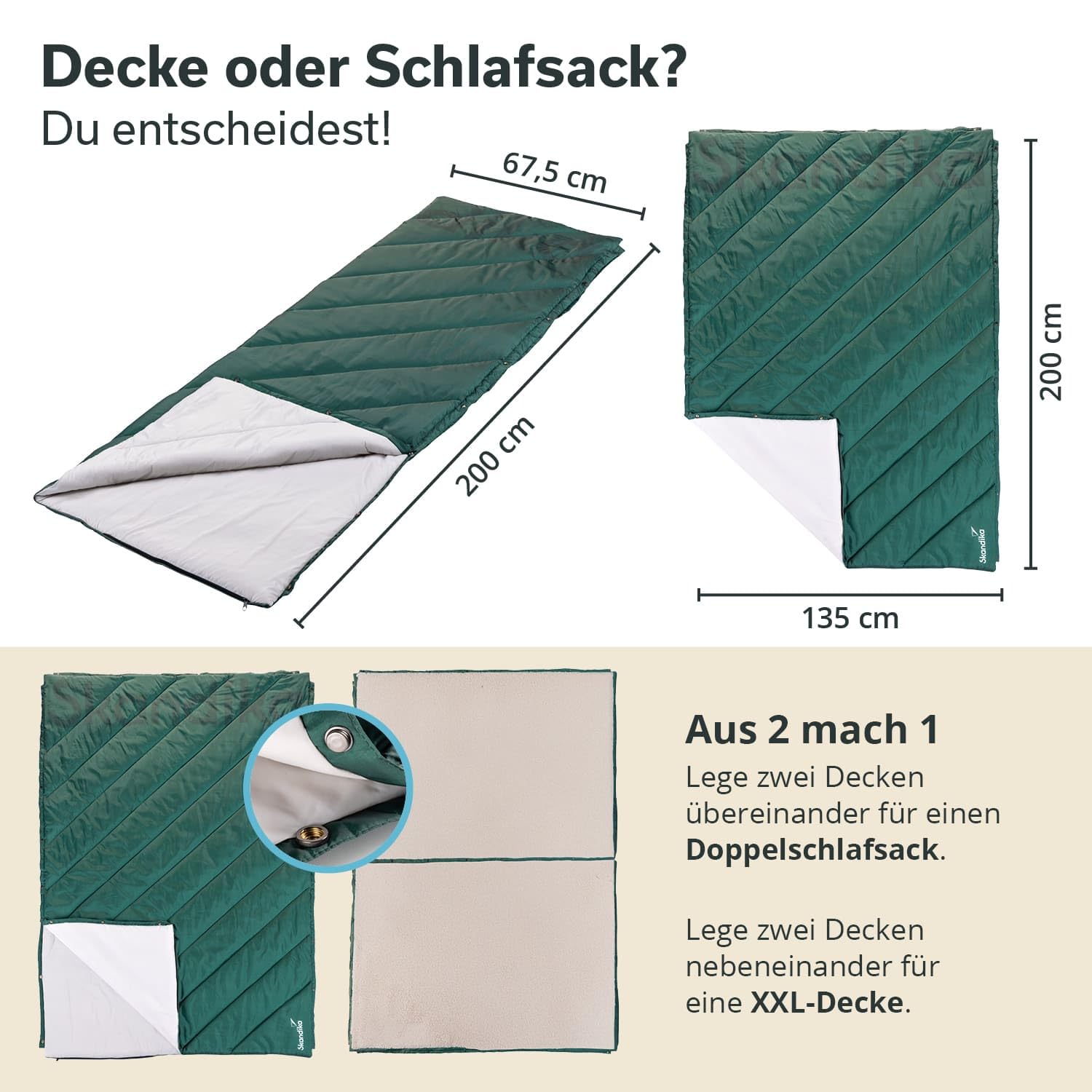 Skandika Koc kempingowy Liva nylon zielony | 4 w 1 koc outdoorowy, 200 x 135 cm, narzuta, śpiwór, poduszka, z nylonowym spodem, watowaniem z poliestru, wodoszczelny, na kemping, akcesoria