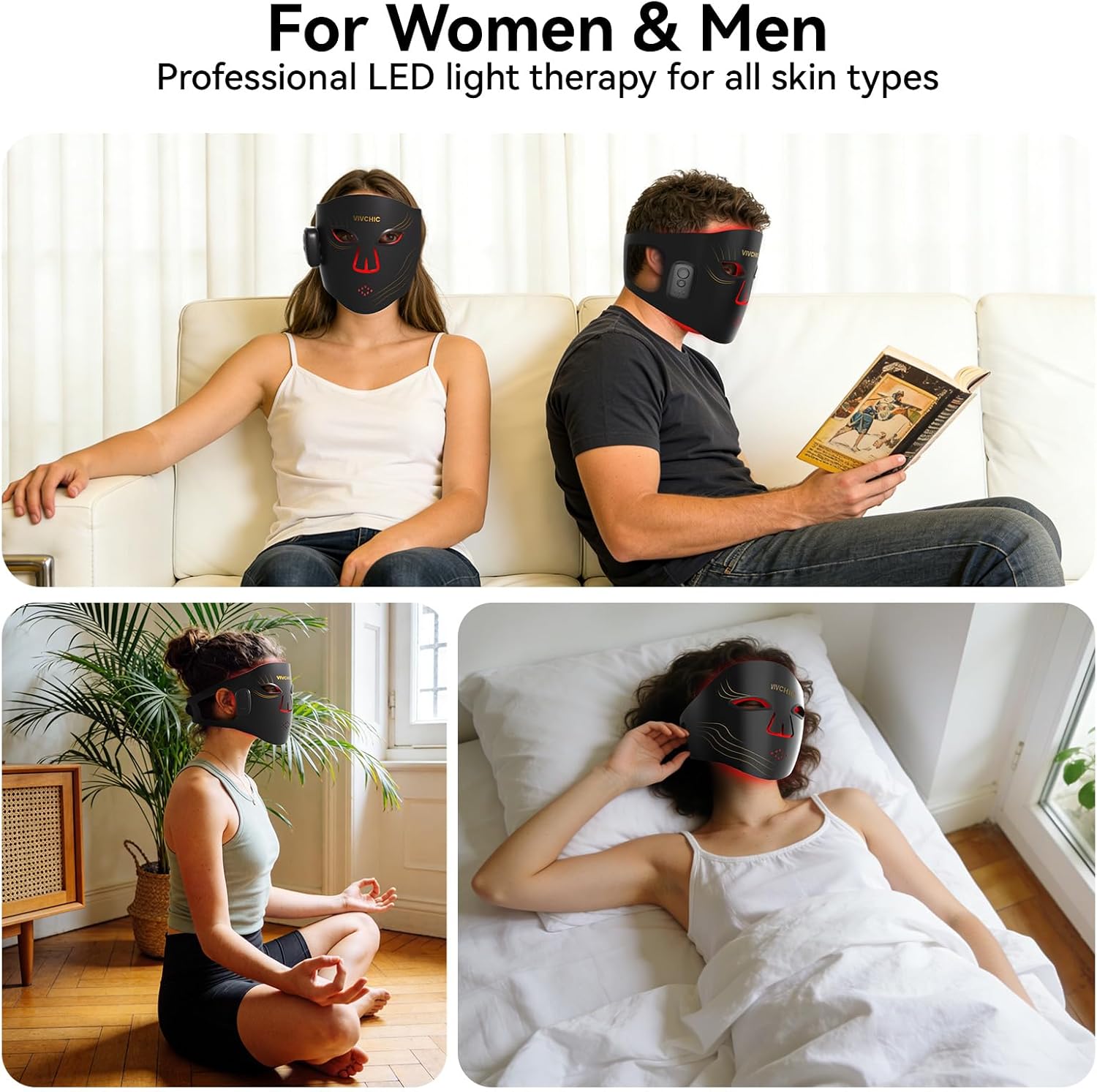 Red Light Therapy for Face – 4 Wavelengths Red Light Mask(660nm Red, 850nm NIR, Blue, Yellow), 84 LEDs, Wireless 2000mAh Charging, Multiple Light Modes – Anti-Aging & Brightening(Black)