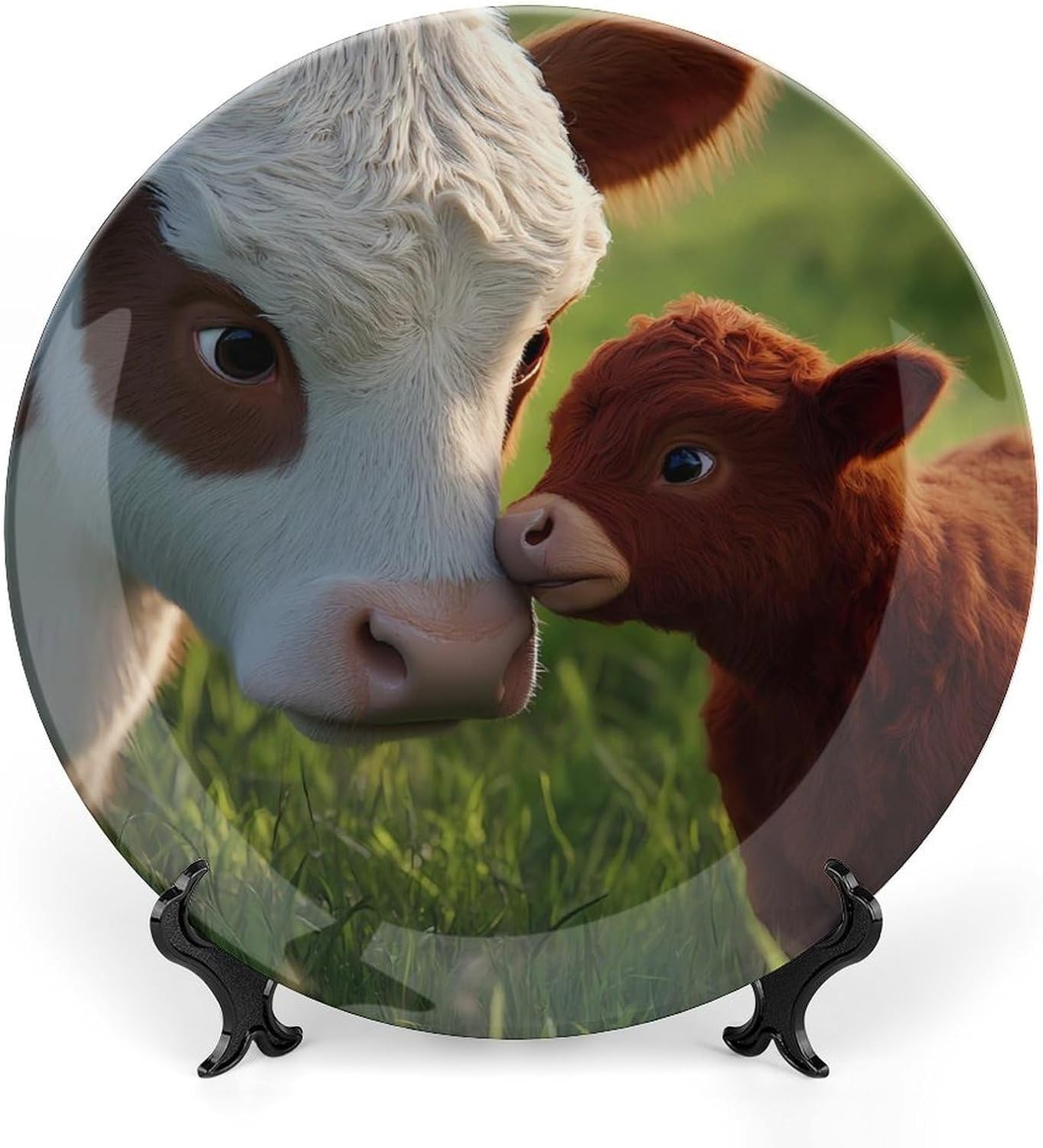 Cows Calfs on The Grass Decorative Plates for Display Ceramic Plate Tray with Stand Hanger Home Decor