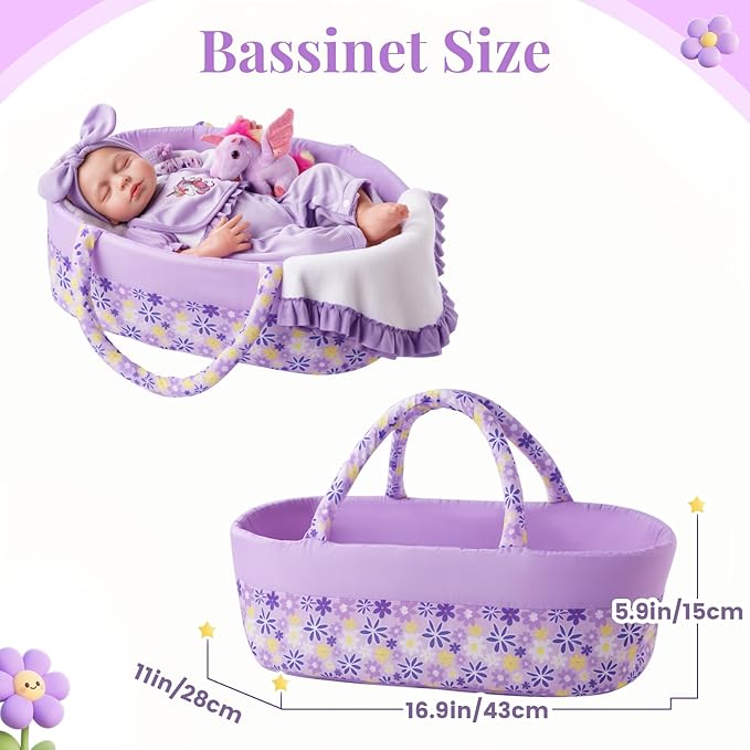 BABESIDE 8 Pcs Reborn Baby Doll Clothes & Bassinet for 17-22 Inch Dolls