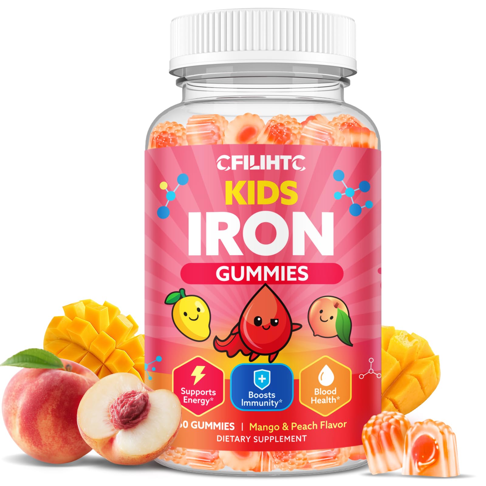Iron Gummies for Kids & Teens, Kids Multivitamin with Iron Supplement, Calcium, Folate, Zinc, Prebiotic - for Blood Builder & Energy Support, Iron Deficiency - Vegan & Non-GMO - Mango & Peach Mango & Peach 60 Count (Pack of 1)